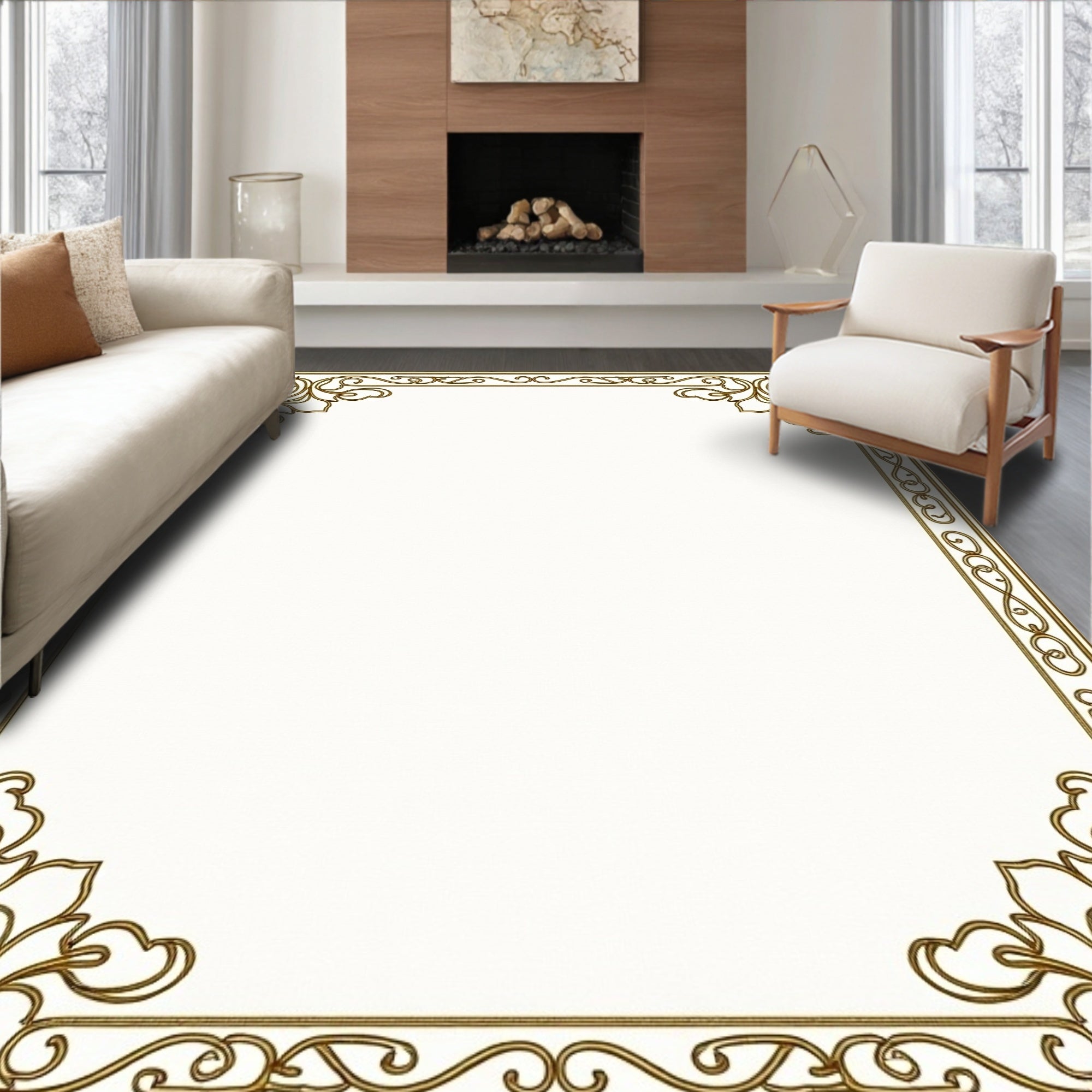 Ornate Gold Scrollwork Floral Design Rug