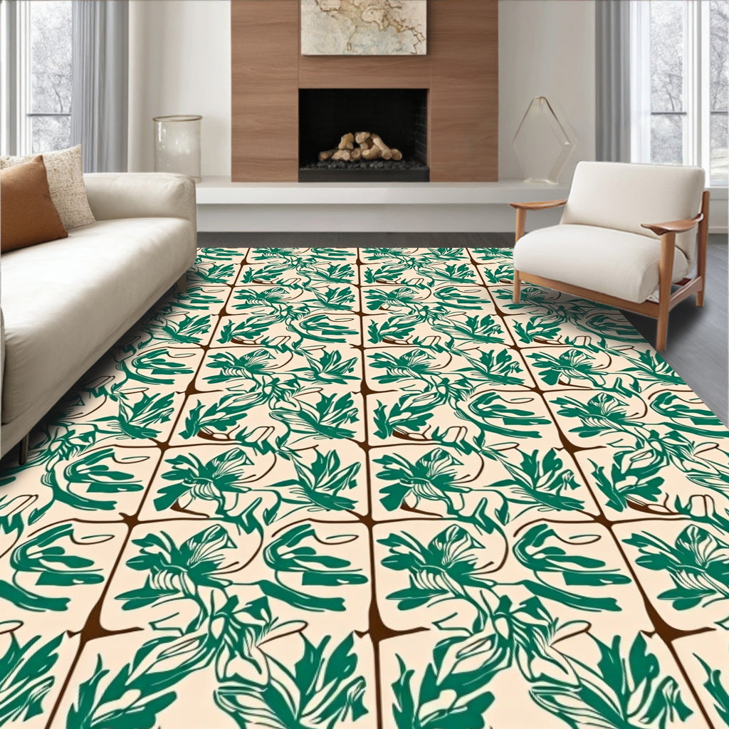 Emerald Leaf Patterned Square Design Rug