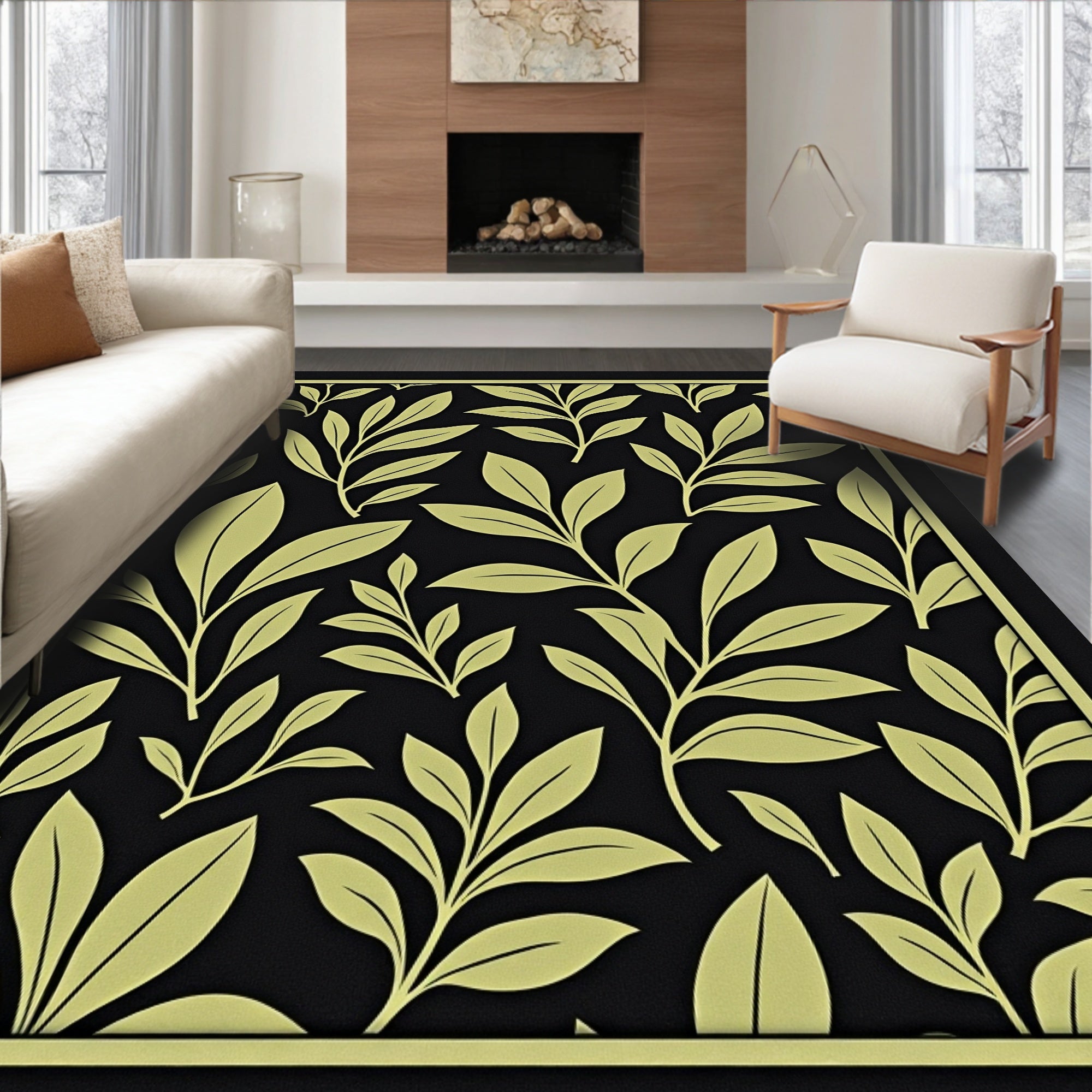 Botanical Pattern with Yellow Leaves Rug