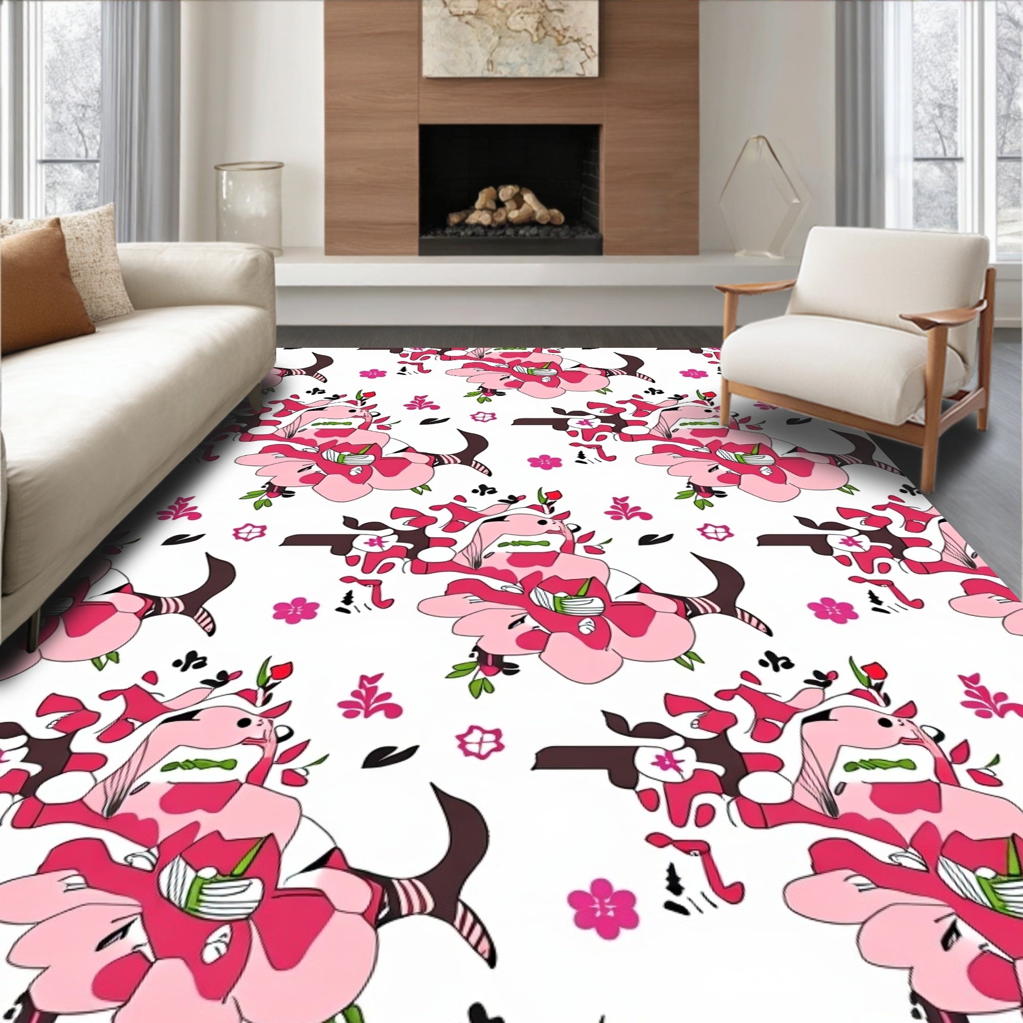 Crimson Pink Floral Branches Rug
