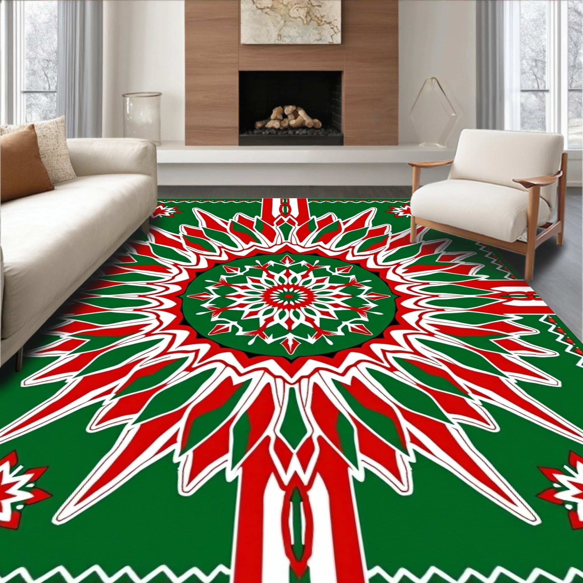 Bold Red Green Geometric Sun Rug