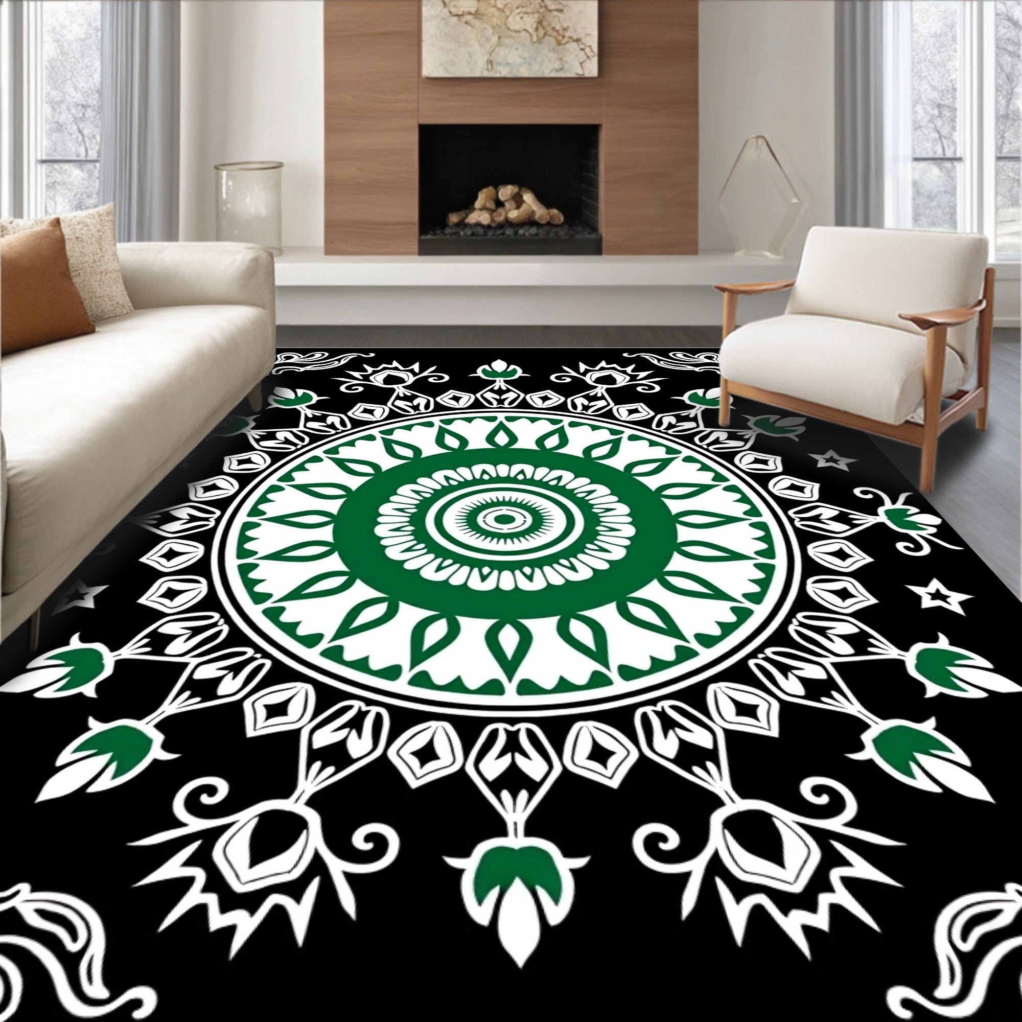 Green Floral Medallion Black White Rug