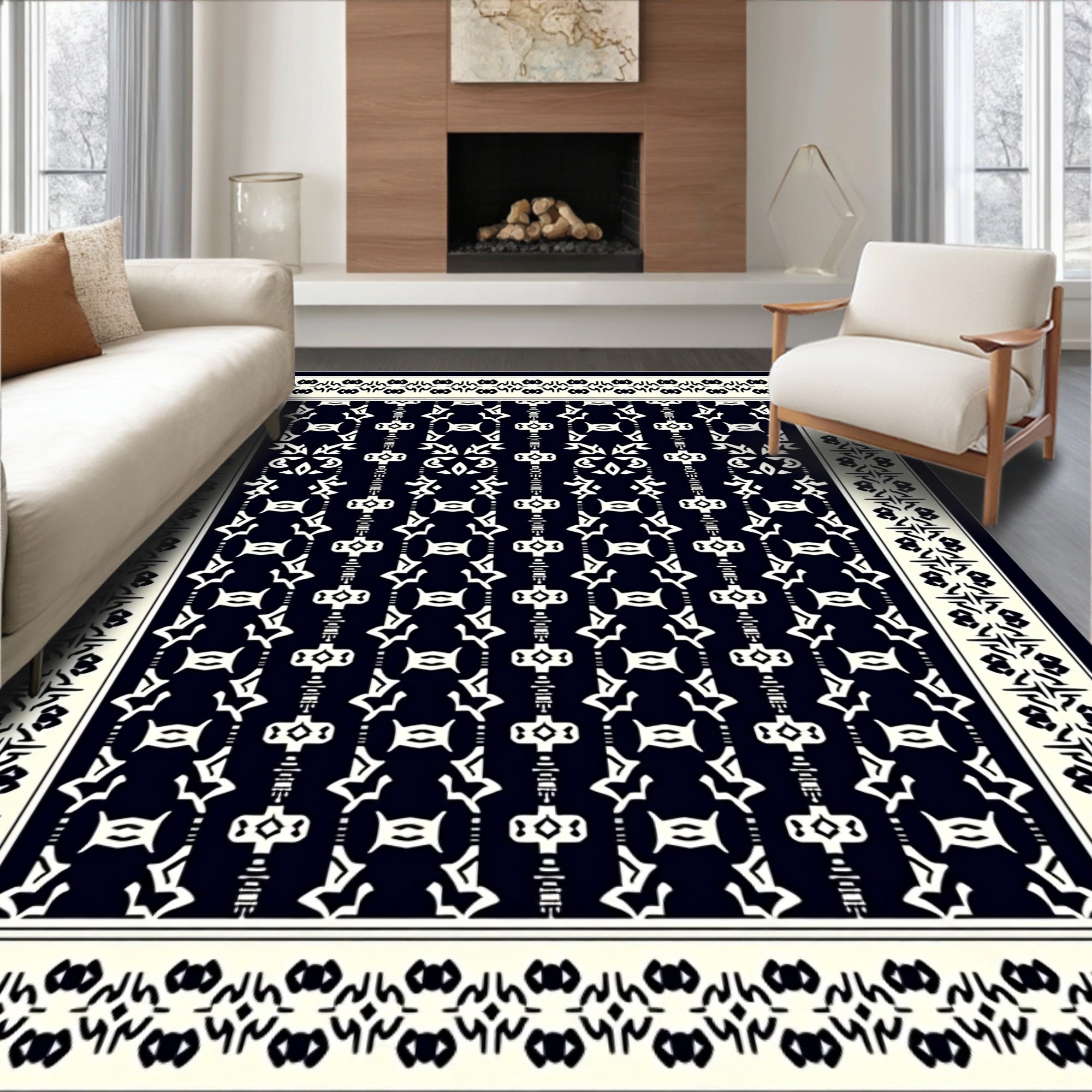 Monochromatic Cream White Geometric Pattern Design Rug