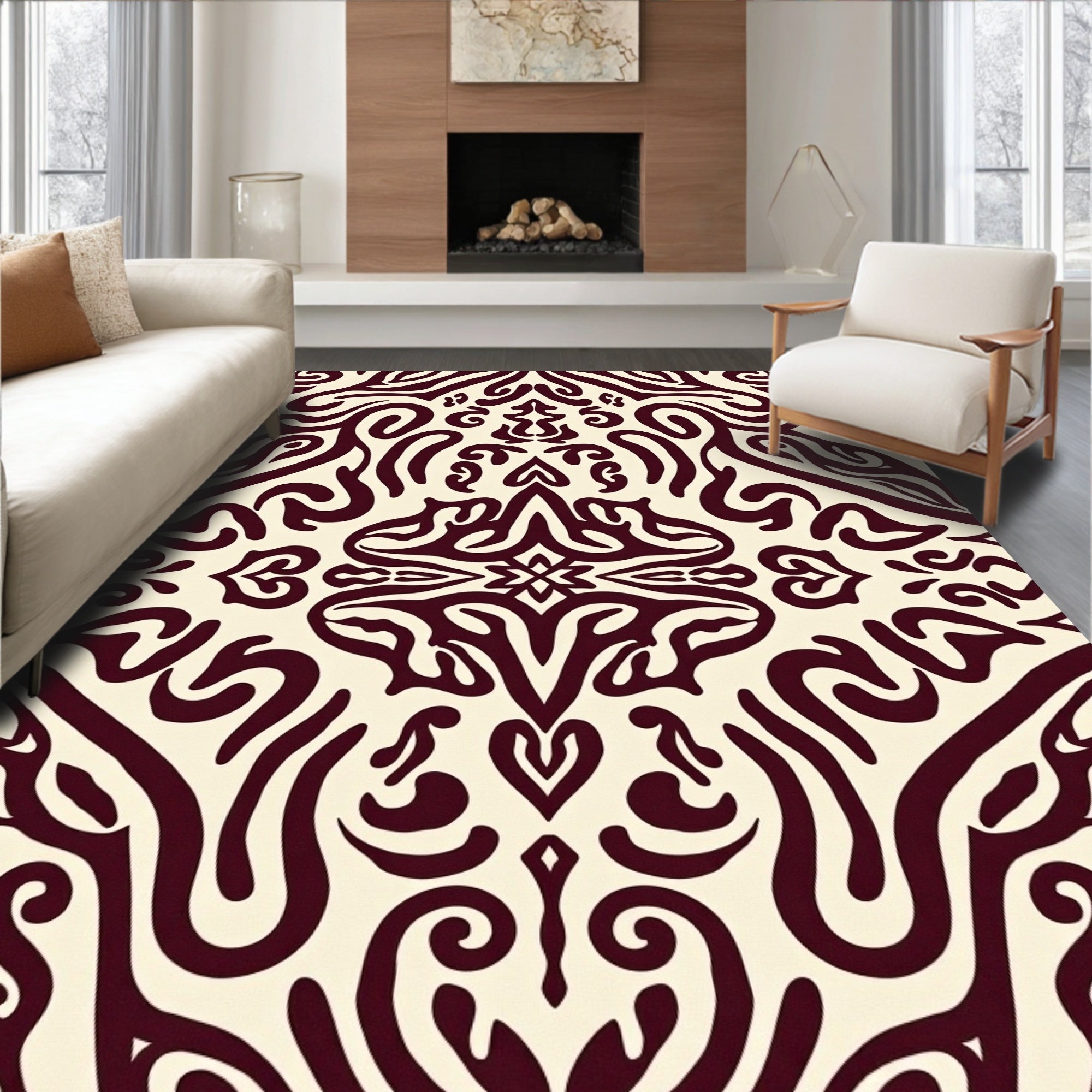 Ornate Burgundy Cream Damask Design Rug