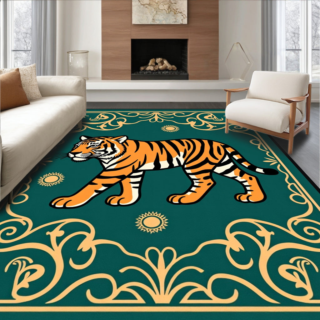 Tiger With Sun Scrollwork Design Rug