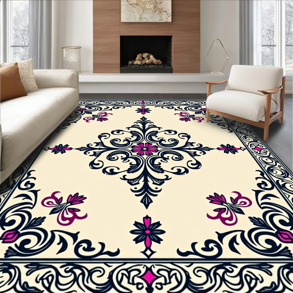 Ornate Floral Scrollwork Patterned Rug