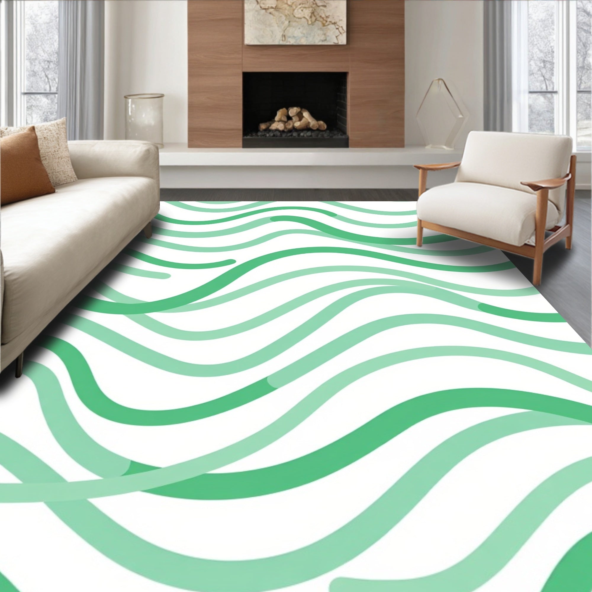 Wavy Green Intertwining Lines Pattern Rug