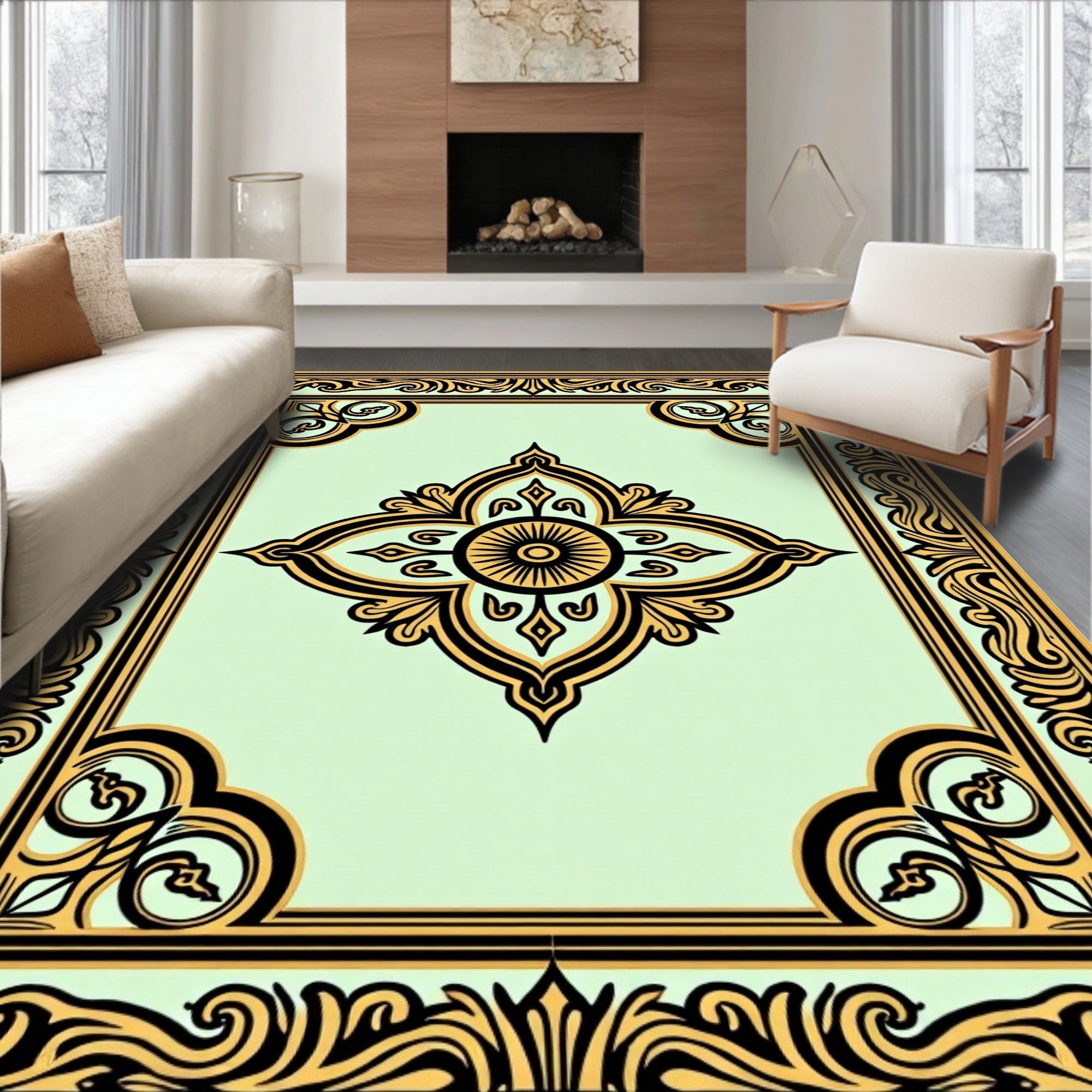 Ornate Black Gold Floral Classic Rug