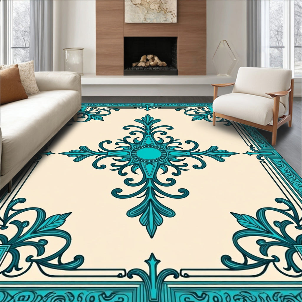 Teal Ornate Floral Border Rug