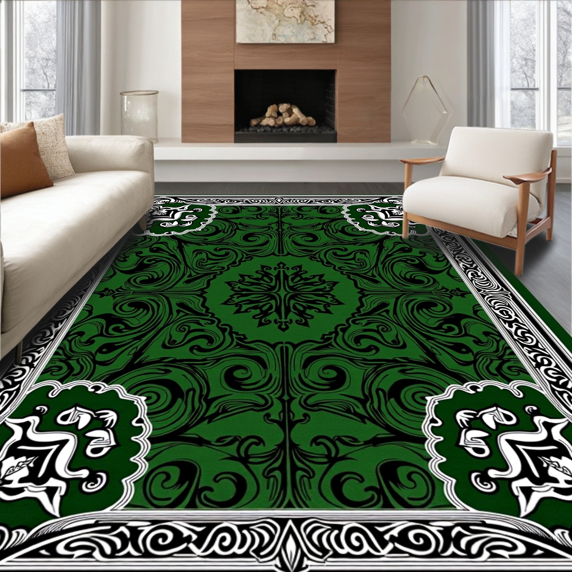 Emerald Green Ornate Floral Pattern Rug