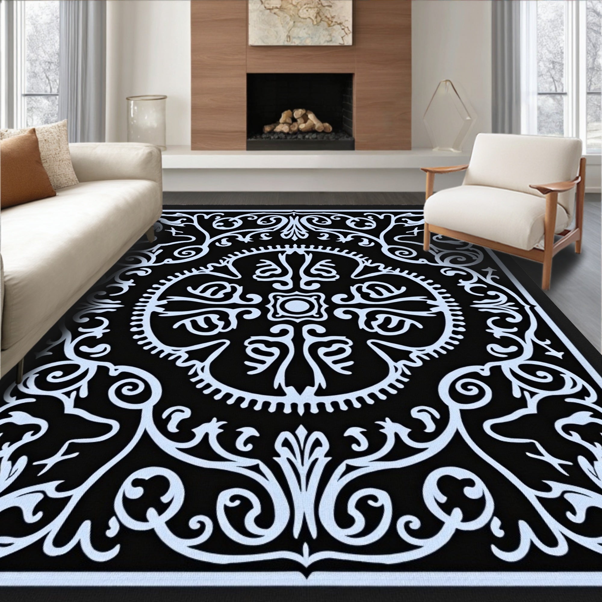Ornate Black And White Floral Rug