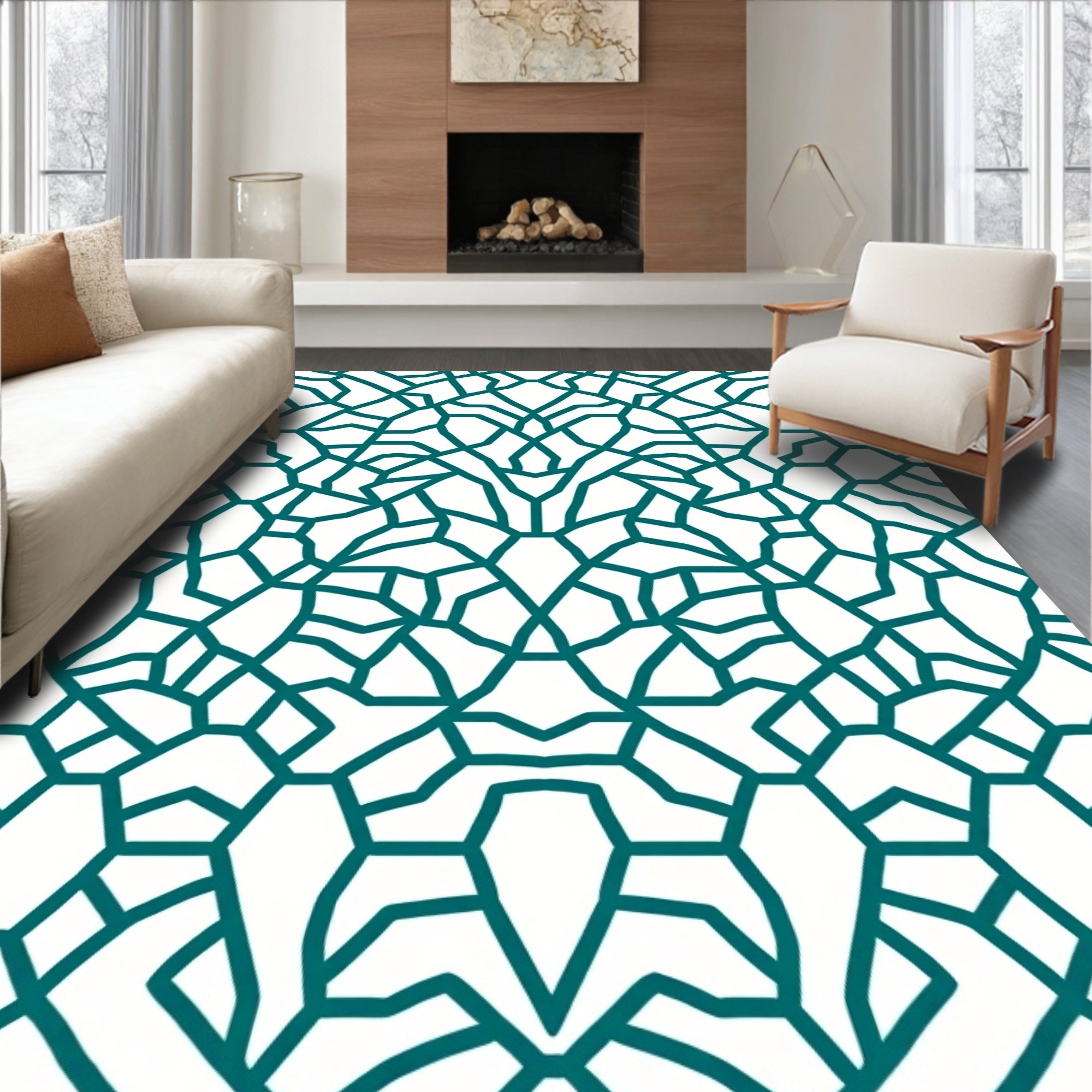 Teal Linear Intricate Connection Pattern Rug