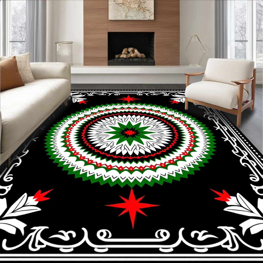 Bold Green Red White Starburst Medallion Rug