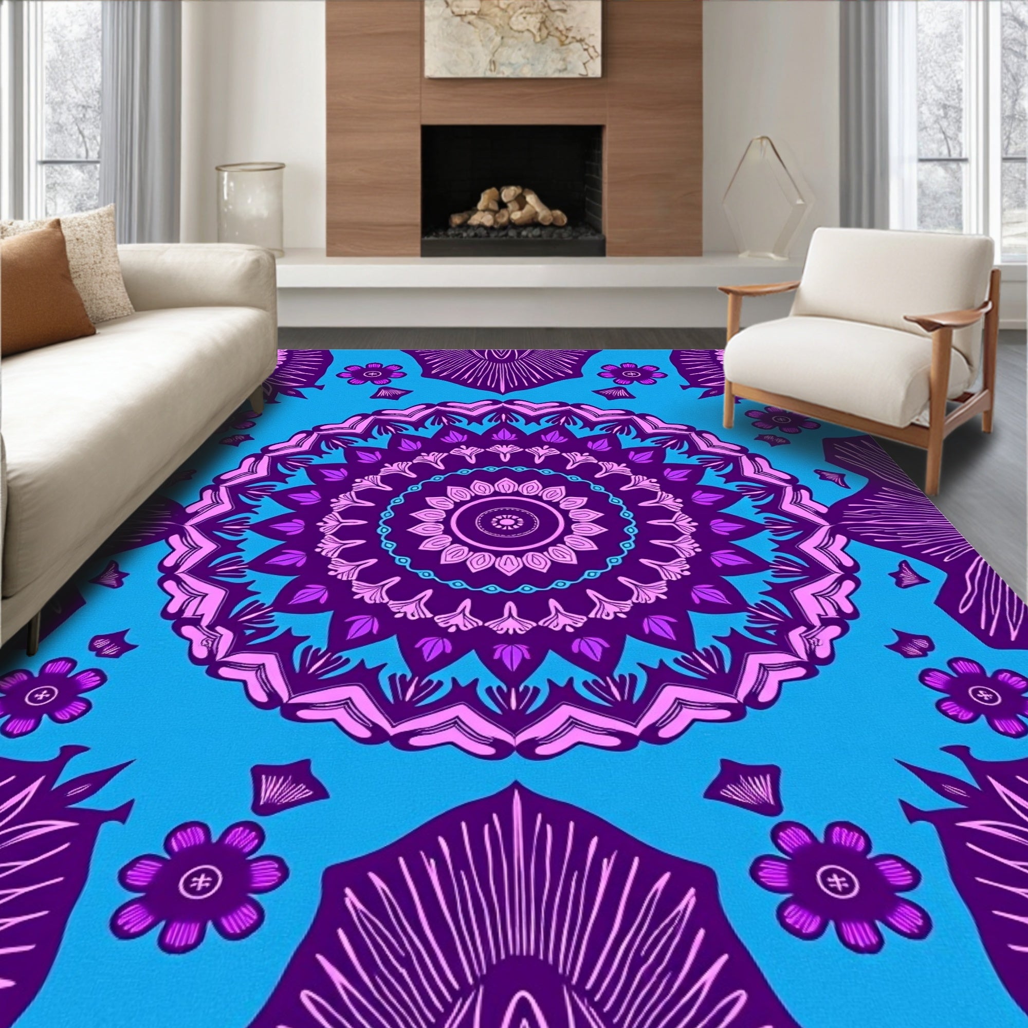 Vibrant Purple Floral Mandala Design Rug