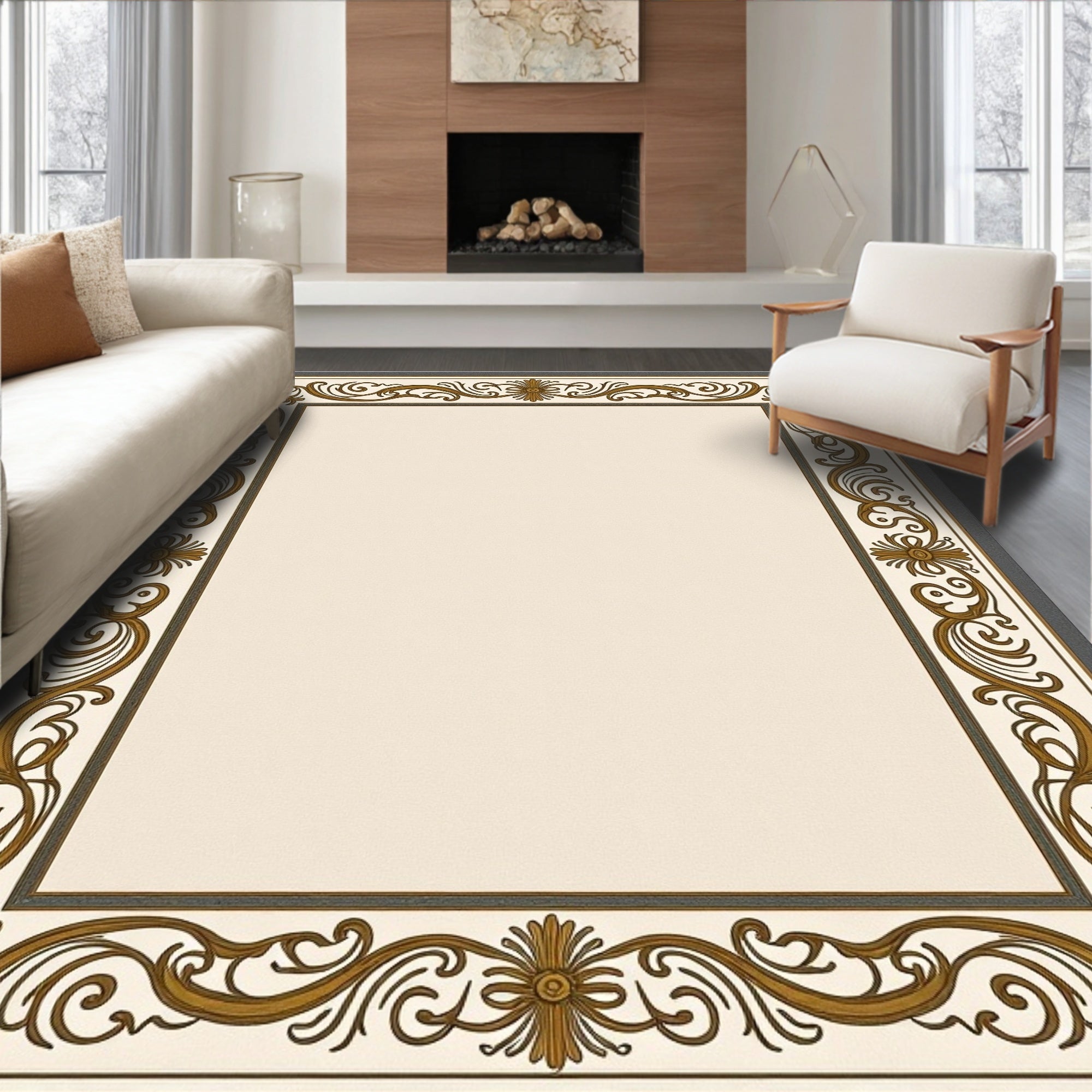 Ornate Scrollwork Classic Border Design Rug
