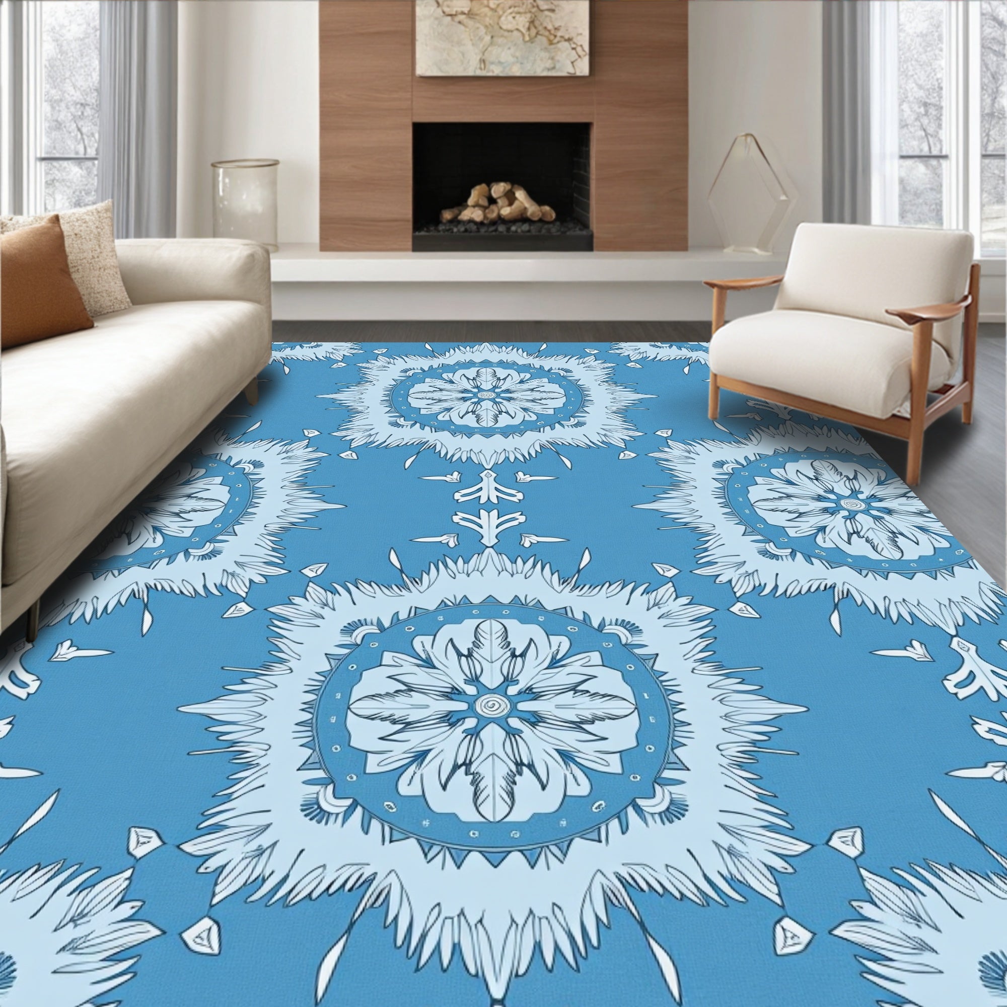 Blue Intricate Floral Sunburst Pattern Rug