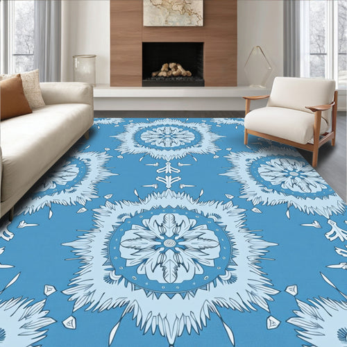 Blue Intricate Floral Sunburst Pattern Rug