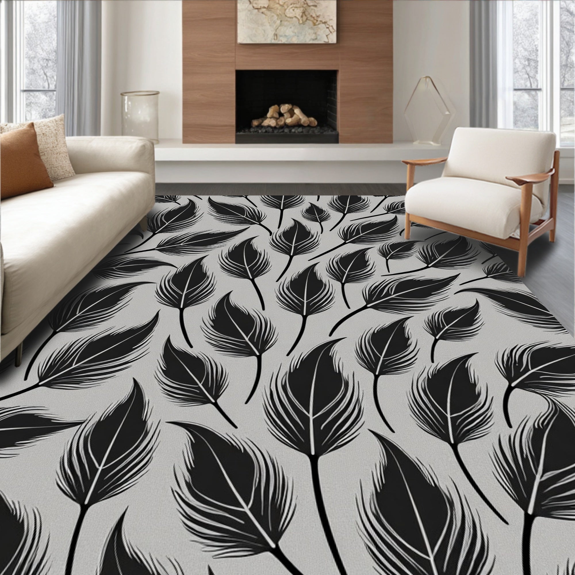 Black Feather Pattern Texture Rug