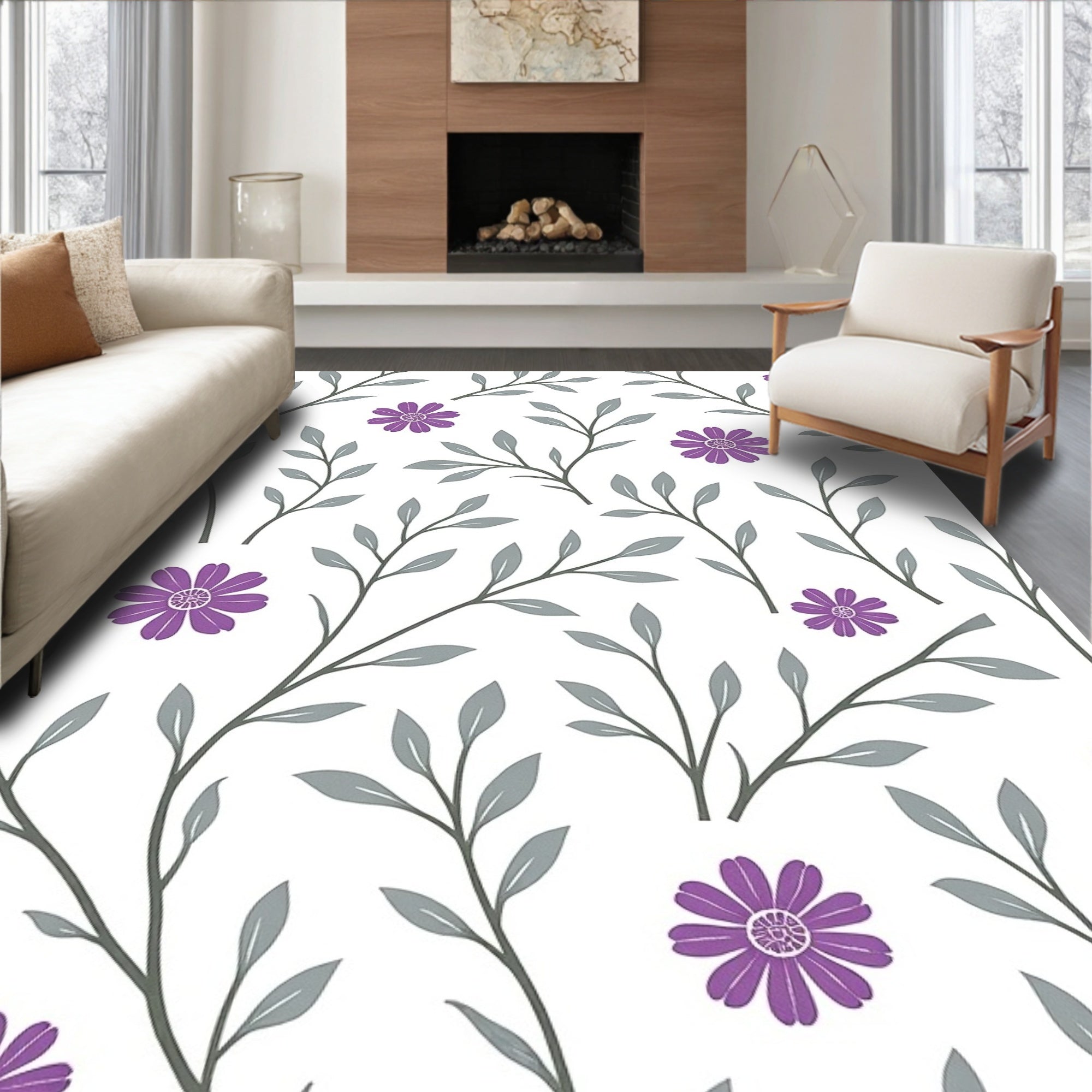 Purple Floral Grey Leaf Vines Rug
