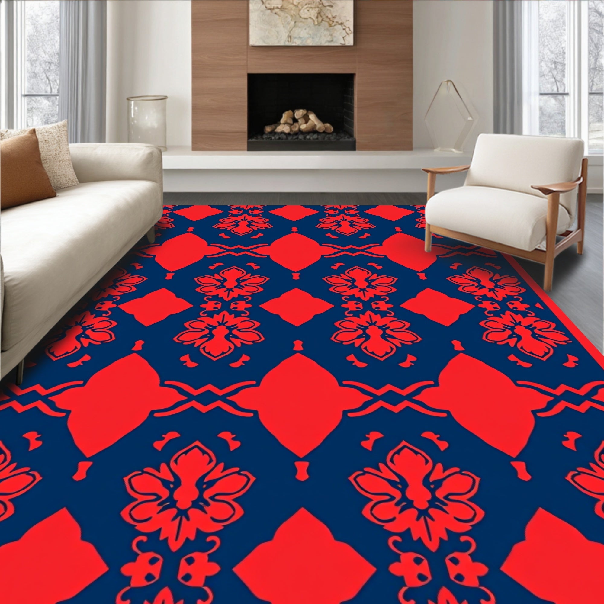 Red Floral Damask Pattern Rug
