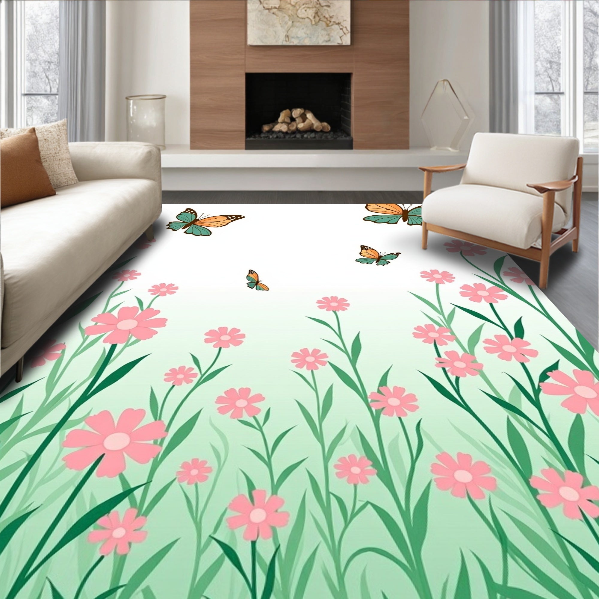 Colorful Butterflies Meadow Flowers Rug