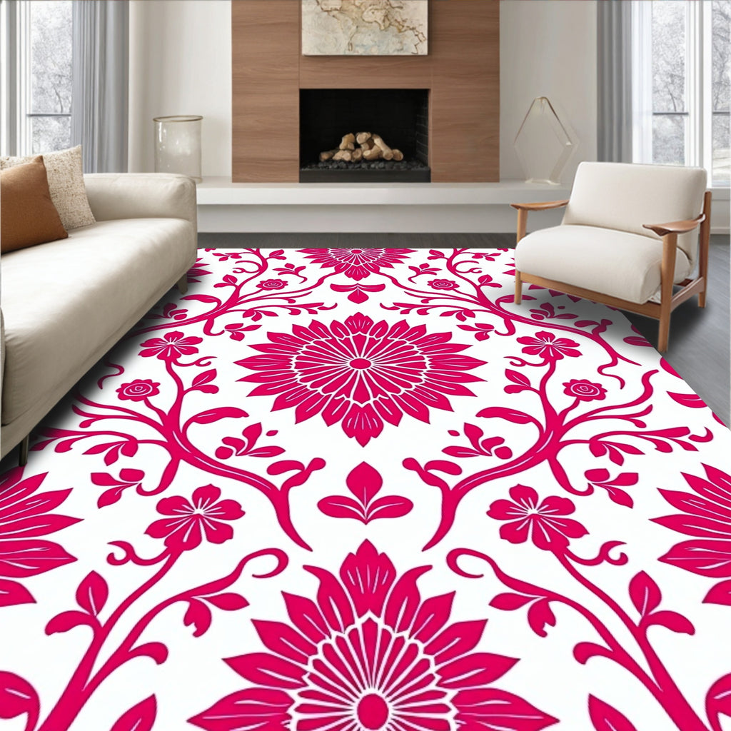 Deep Pink Floral Vine Pattern Rug