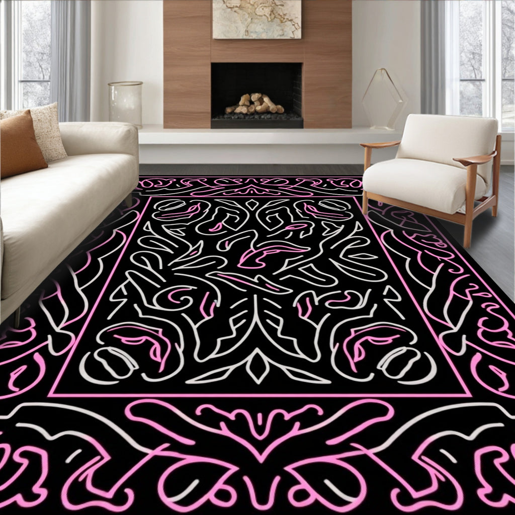 Black Pink Abstract Floral Lines Design Rug
