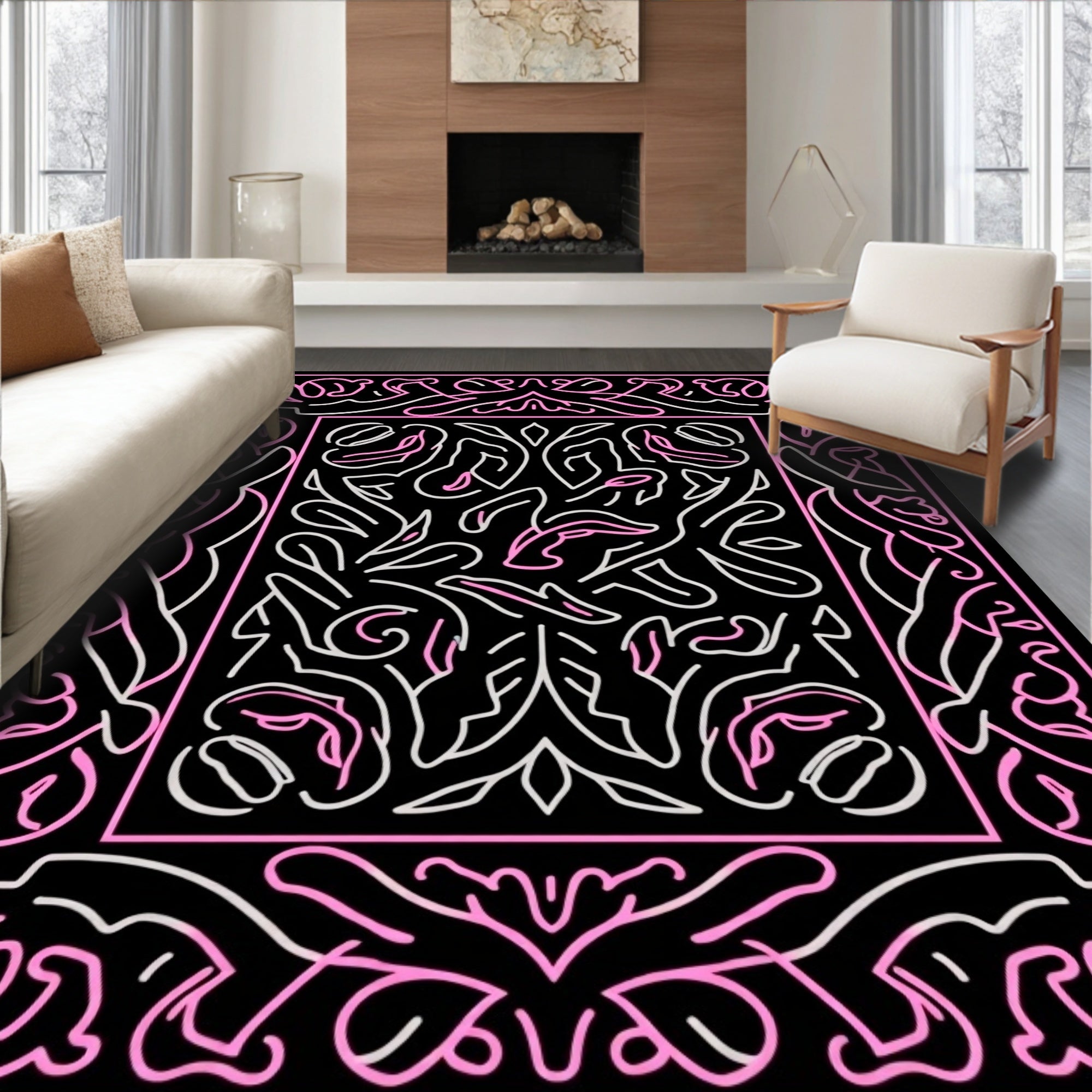 Black Pink Abstract Floral Lines Design Rug