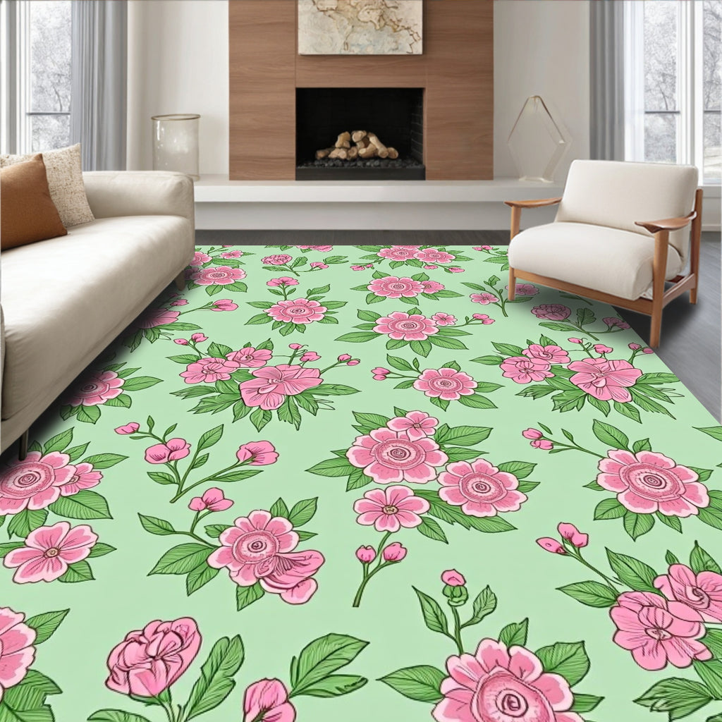 Pink Blossom Branches On Mint Background Rug