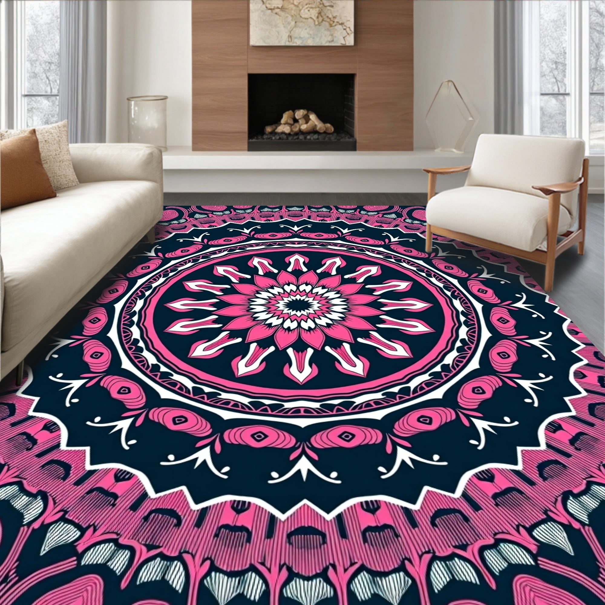 Pink Navy Intricate Floral Mandala Rug