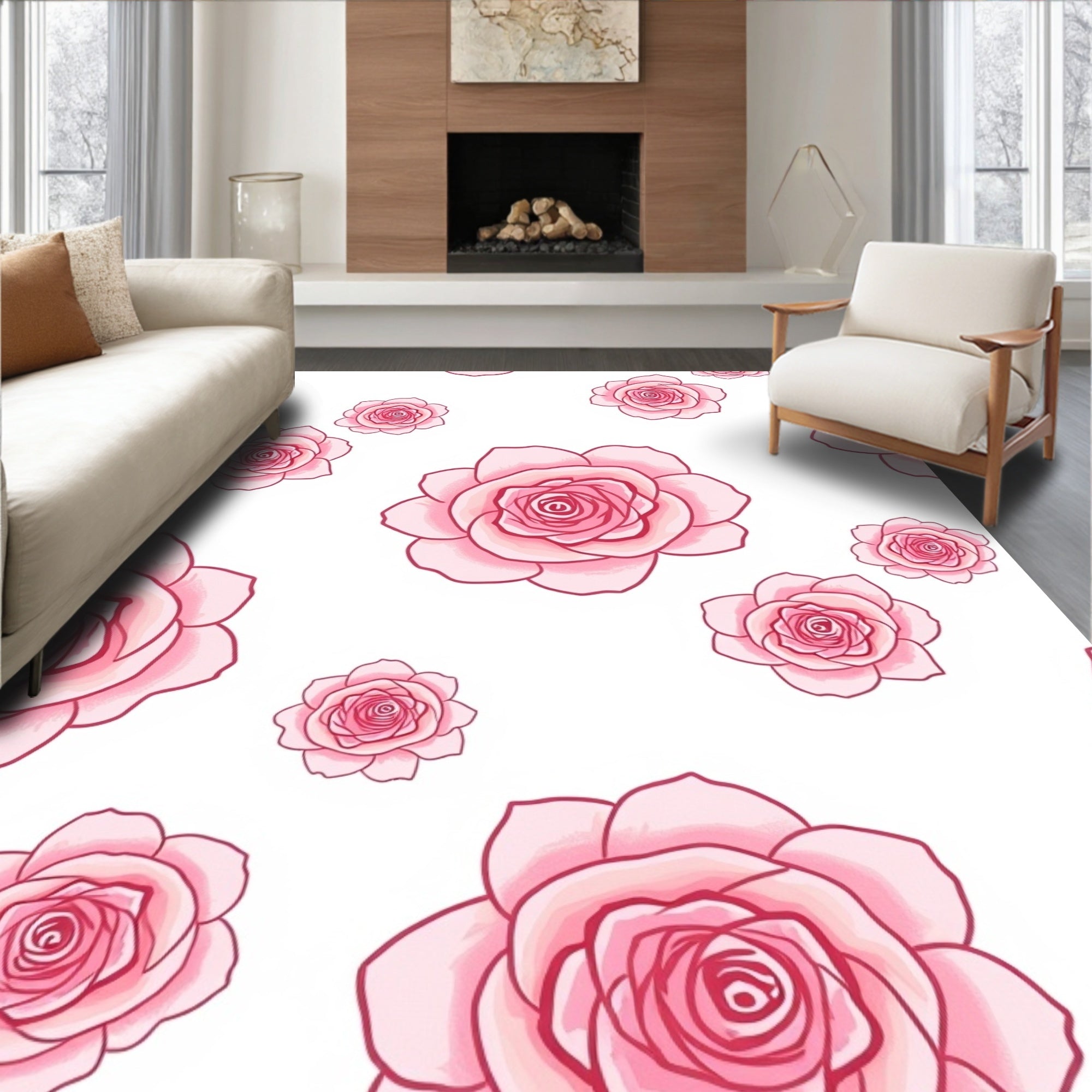 Pink Roses Patterned Design Rug