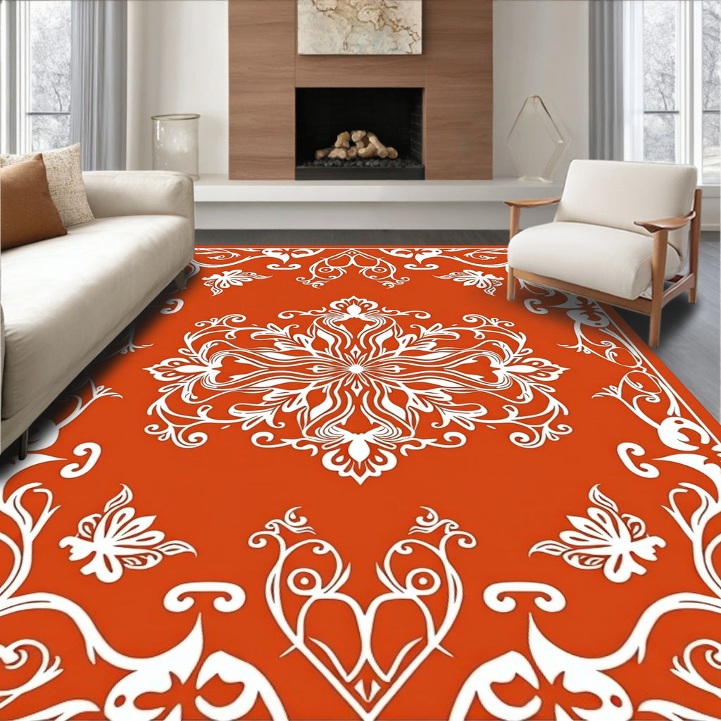Orange With White Floral Pattern Rug