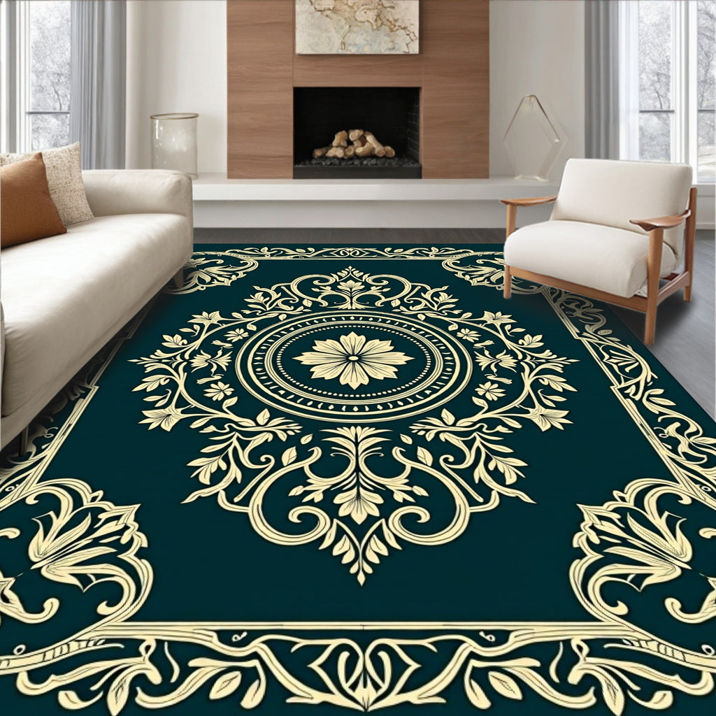 Elegant Floral Medallion Border Decor Rug