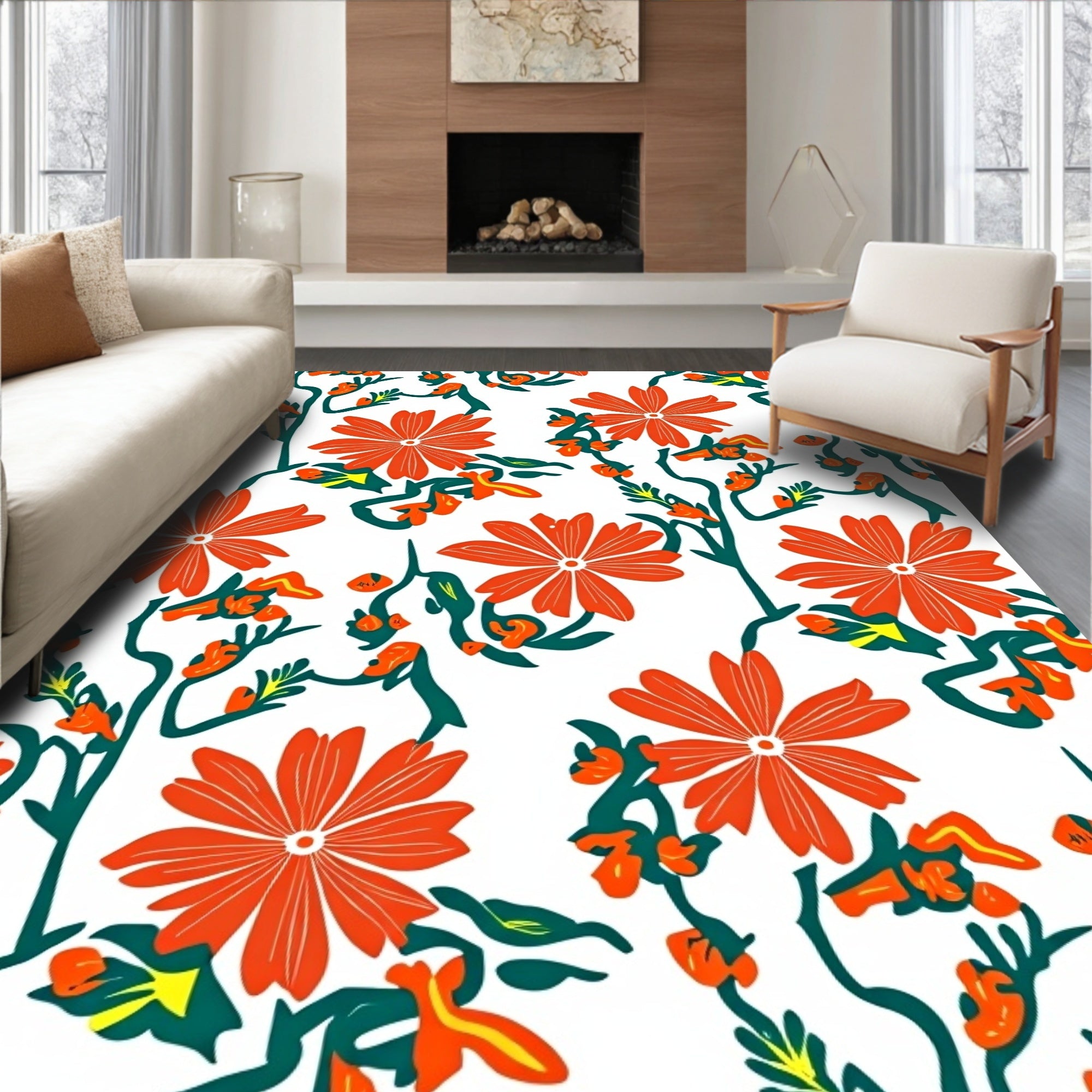 Bold Orange Floral Vine Design Rug