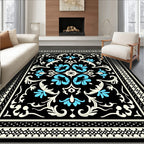 Black Blue Floral Traditional Ornament Rug