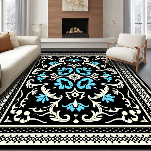 Black Blue Floral Traditional Ornament Rug