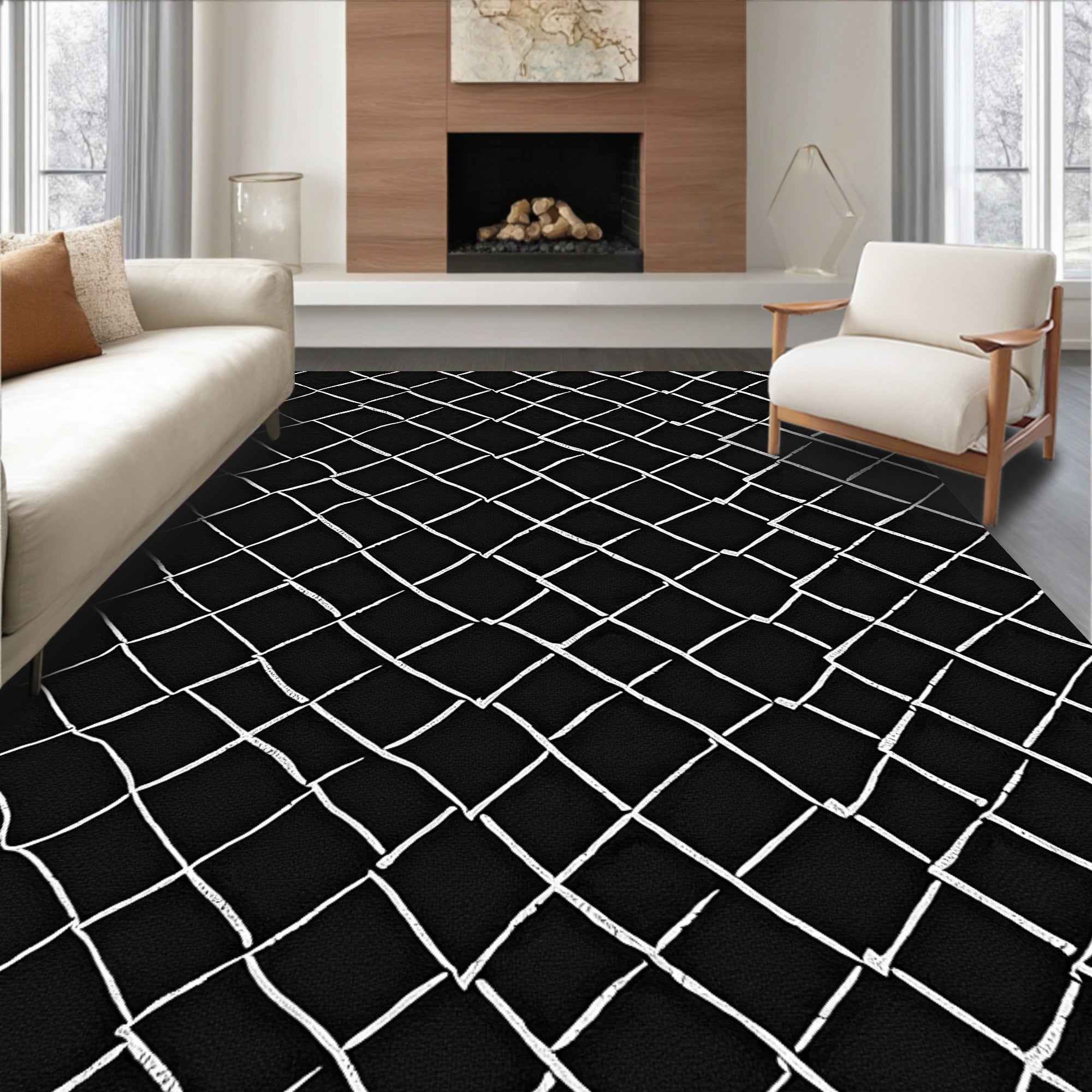 Black White Woven Net Pattern Rug