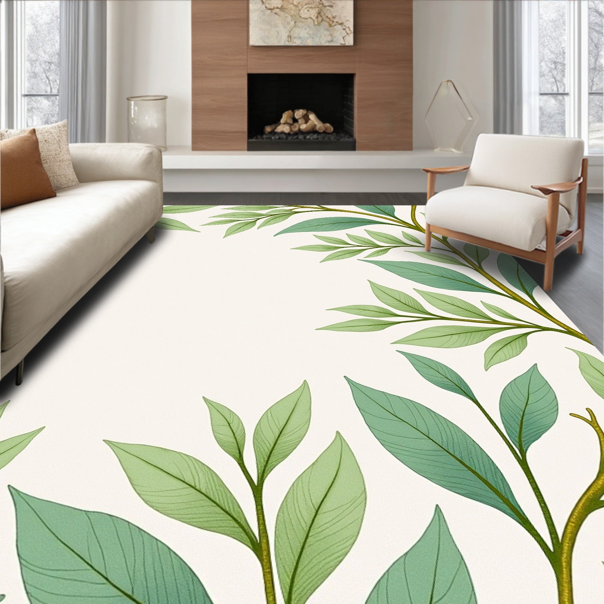 Green Leafy Branch Pattern Rug