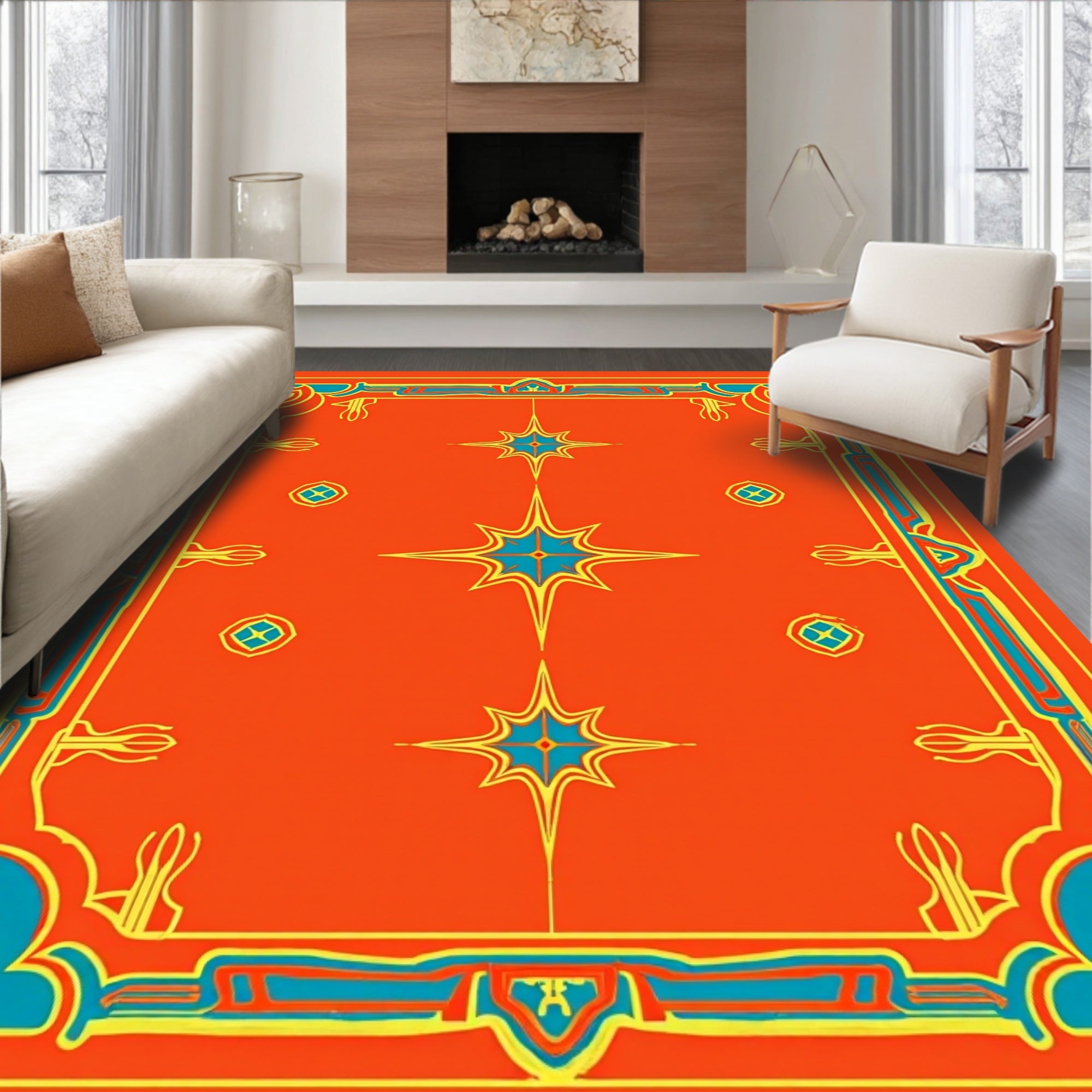 Ornate Sky Blue Starburst Pattern Rug