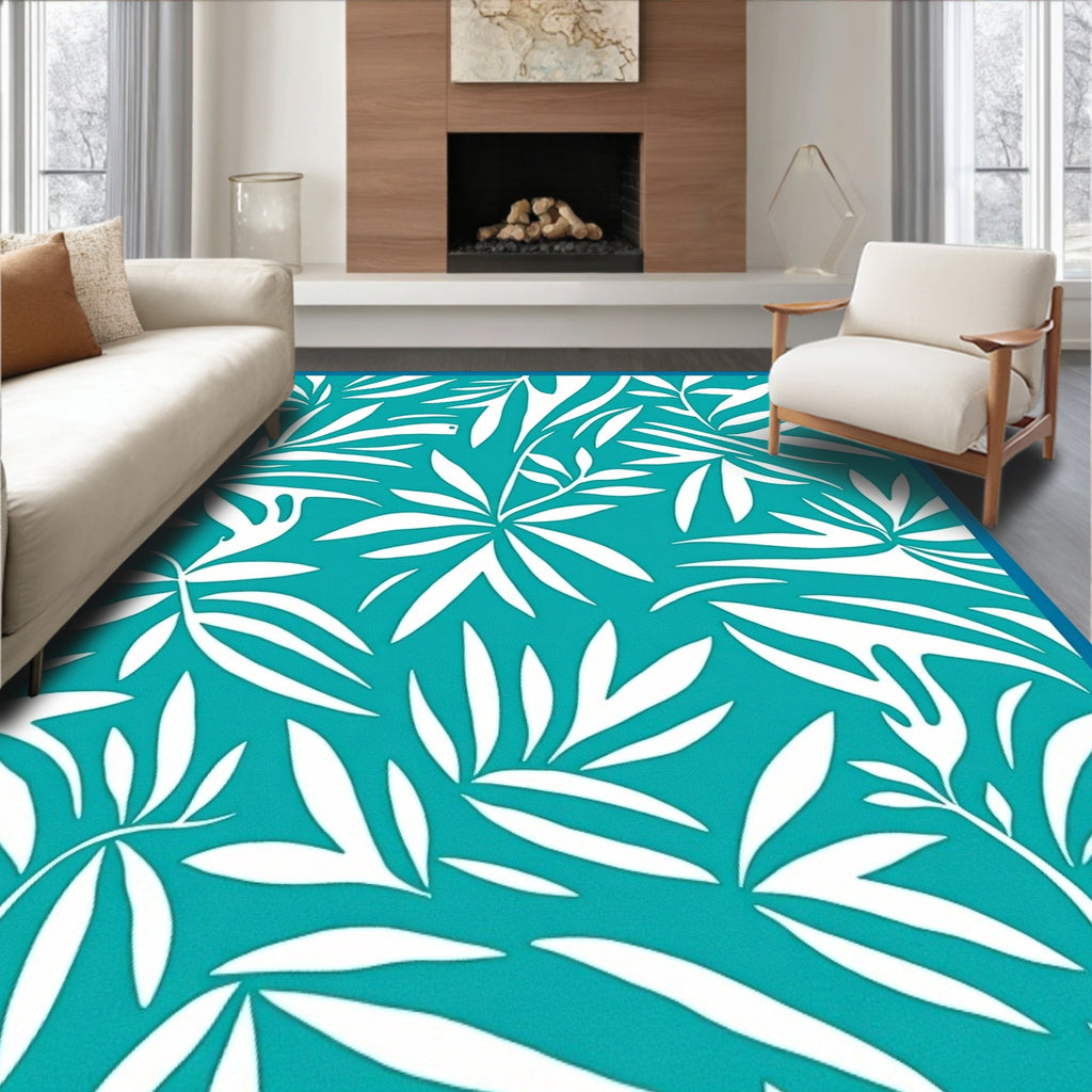 Tropical Leaf Pattern Teal Rug
