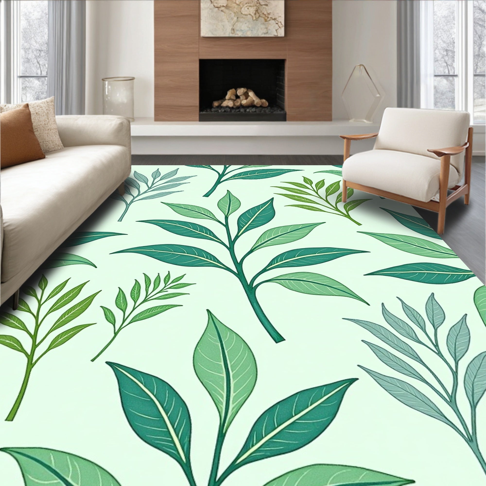 Green Leafy Botanical Pattern Design Rug