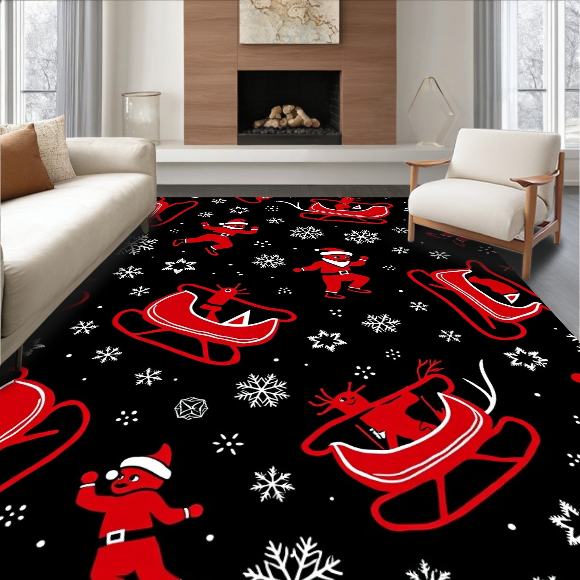 Red Santa Sleigh Snowflake Holiday Scene Rug