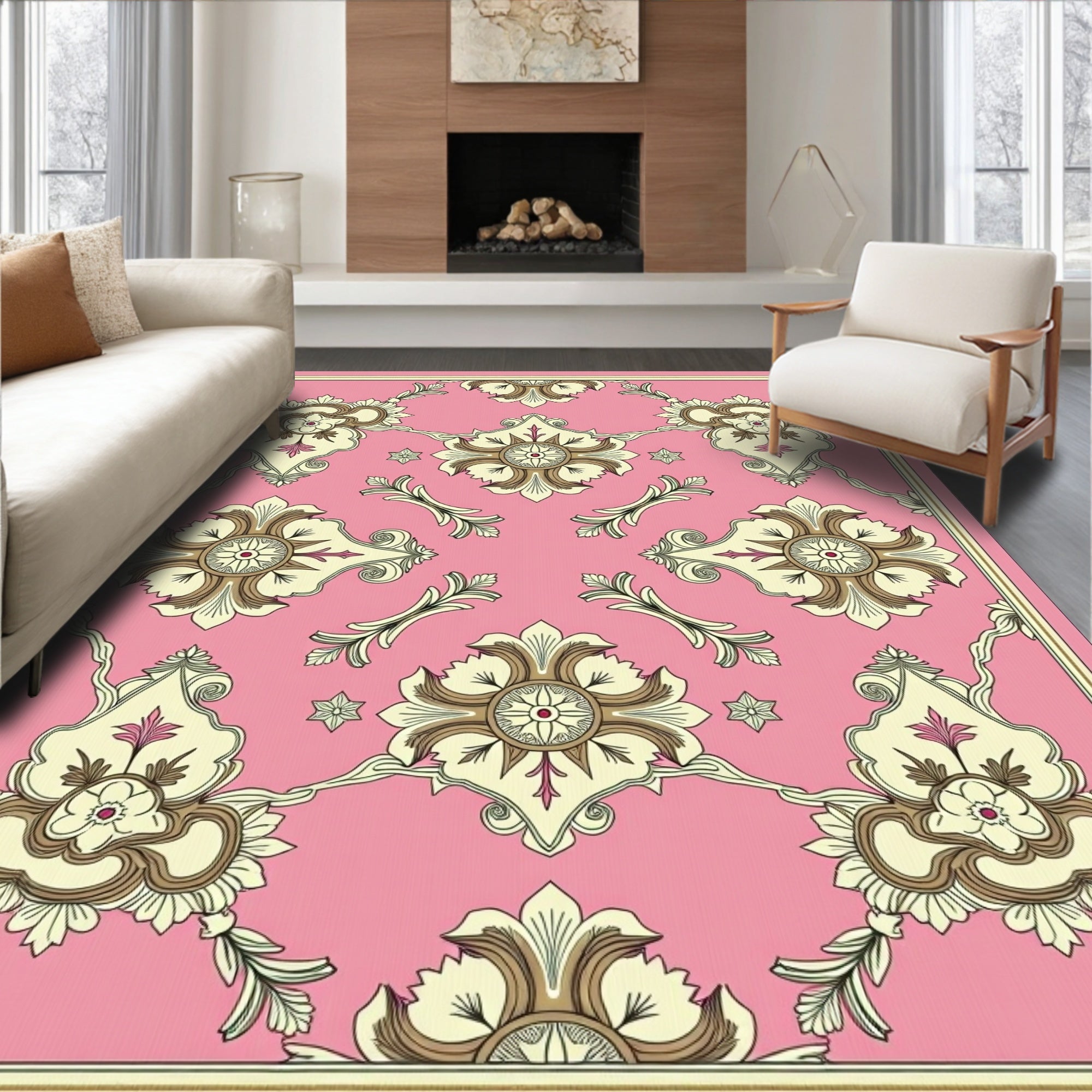 Ornate Floral Symmetry Pink Rug