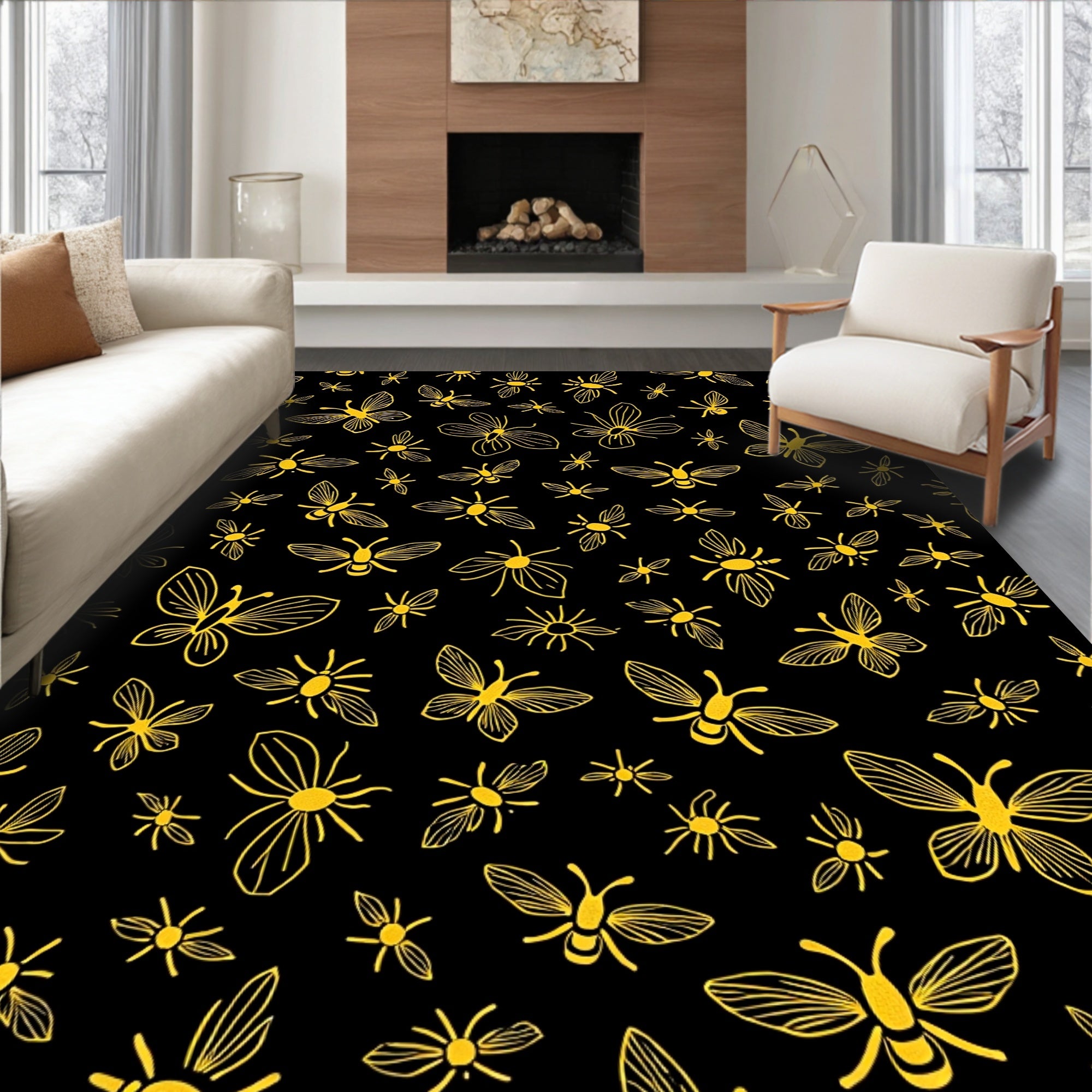 Golden Insects And Butterflies Pattern Rug