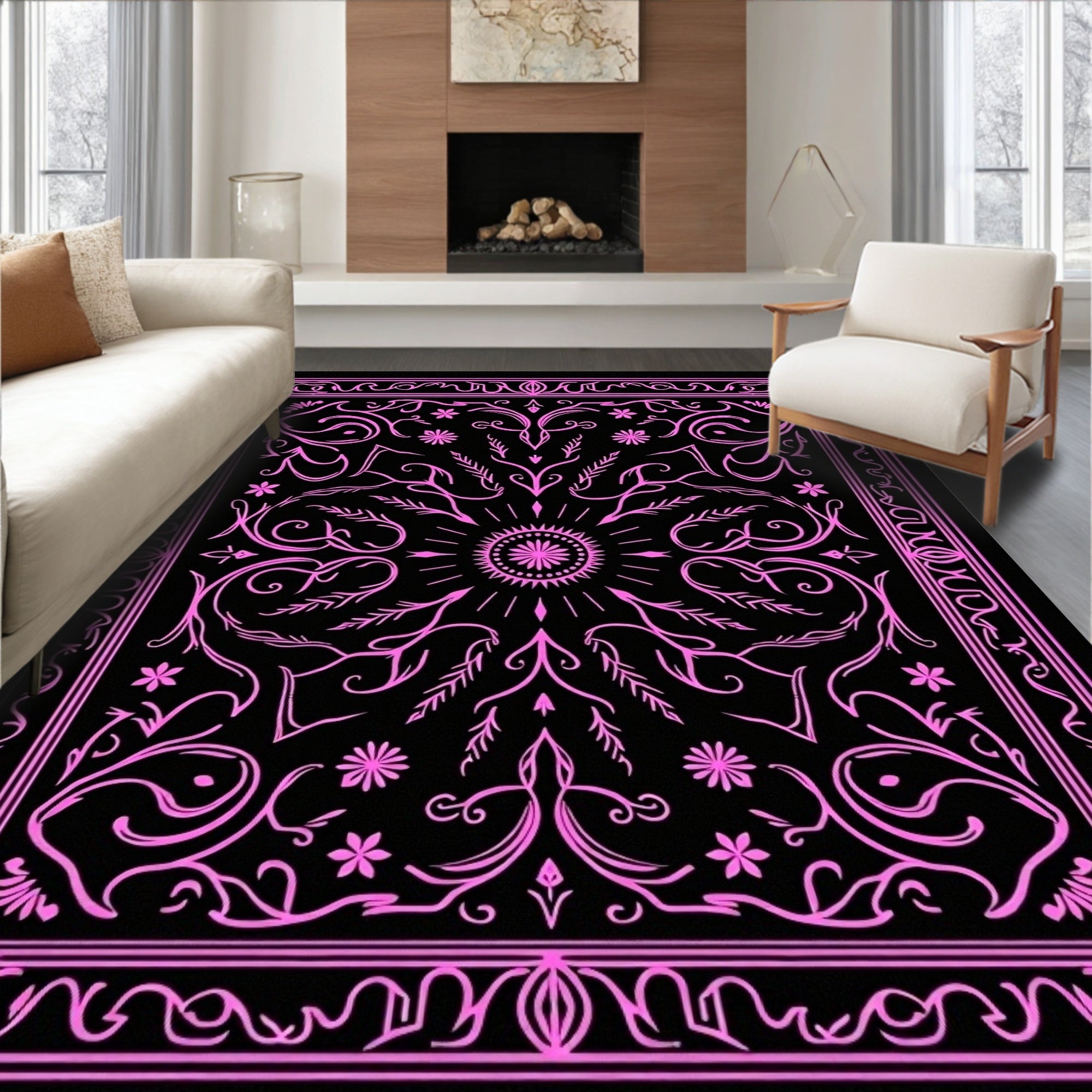 Ornate Pink Floral Sunburst Design Rug