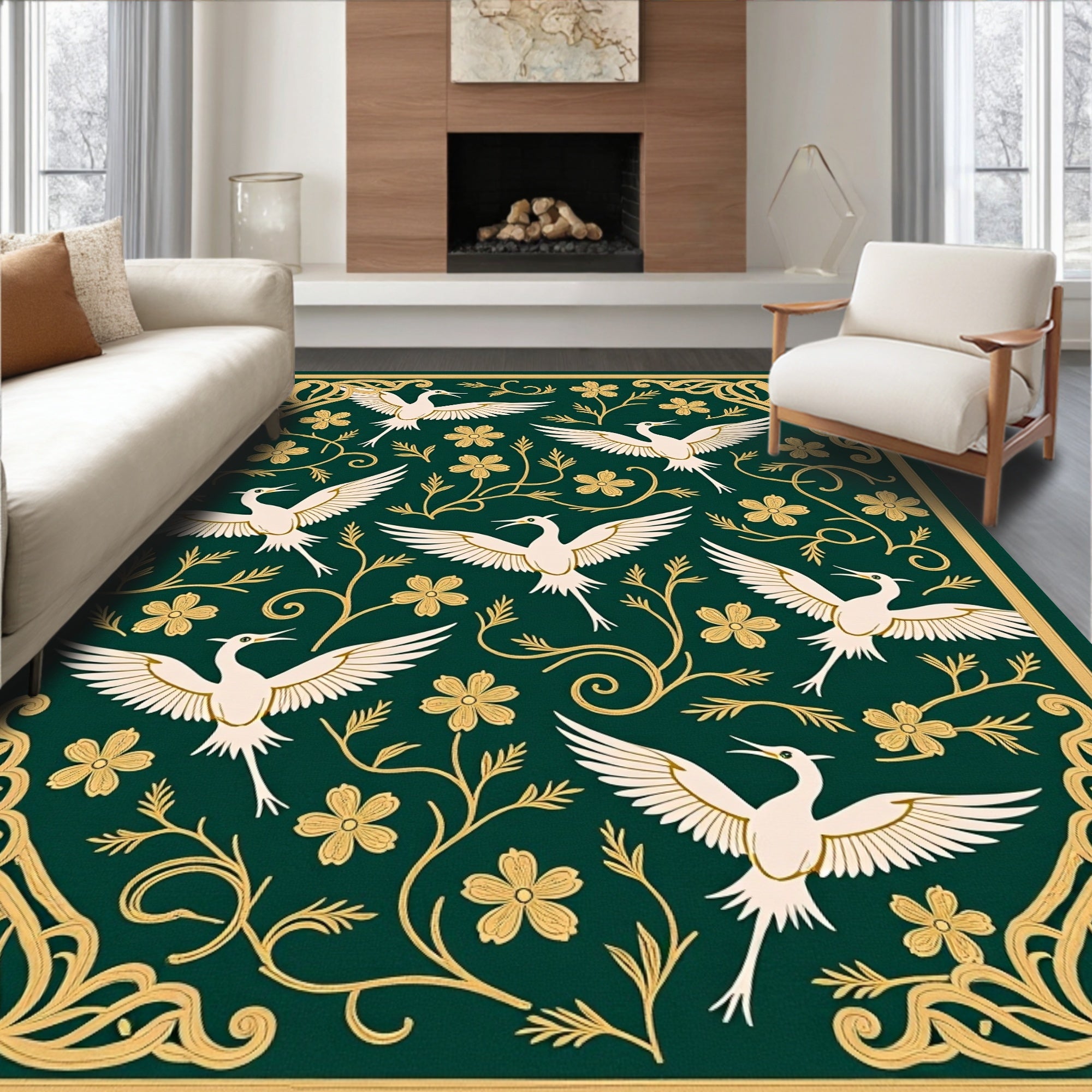 Elegant Cranes Flowers In Gold Border Rug
