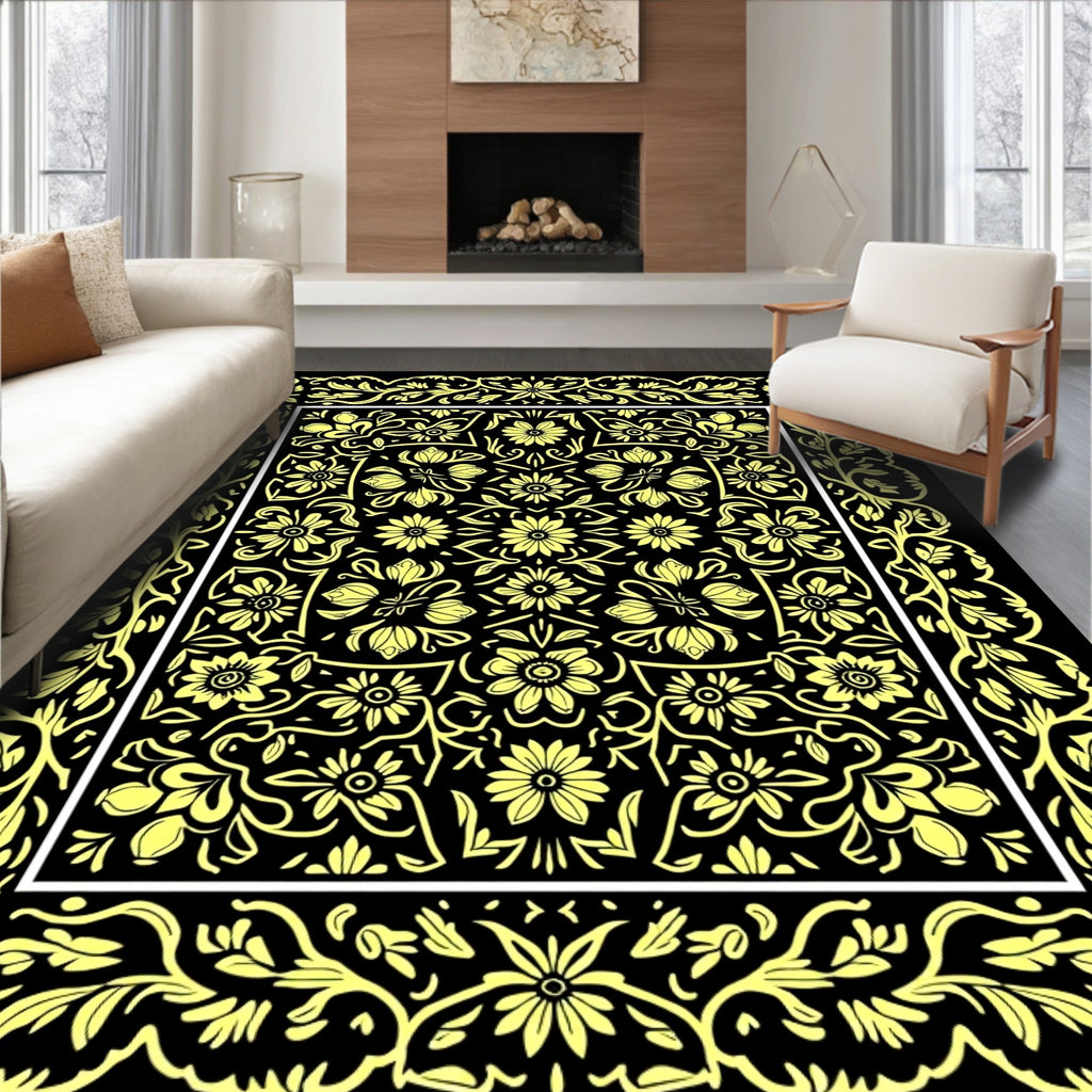 Yellow Floral Bordered Central Medallion Design Rug