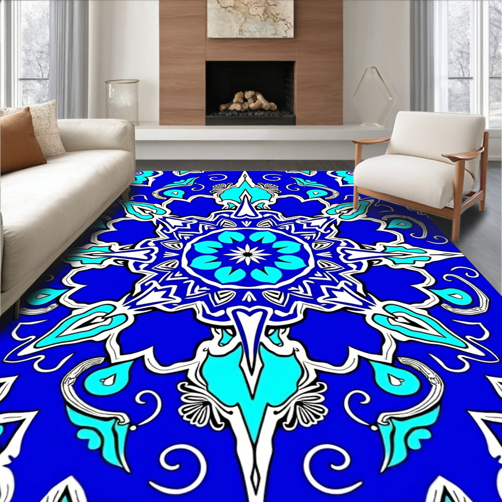 Ornate Blue Teal Floral Mandala Rug