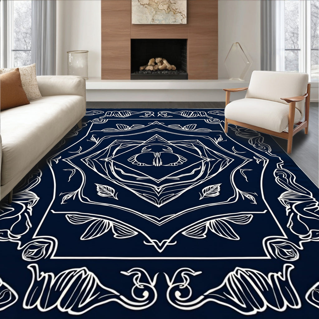 Navy White Organic Swirl Pattern Rug