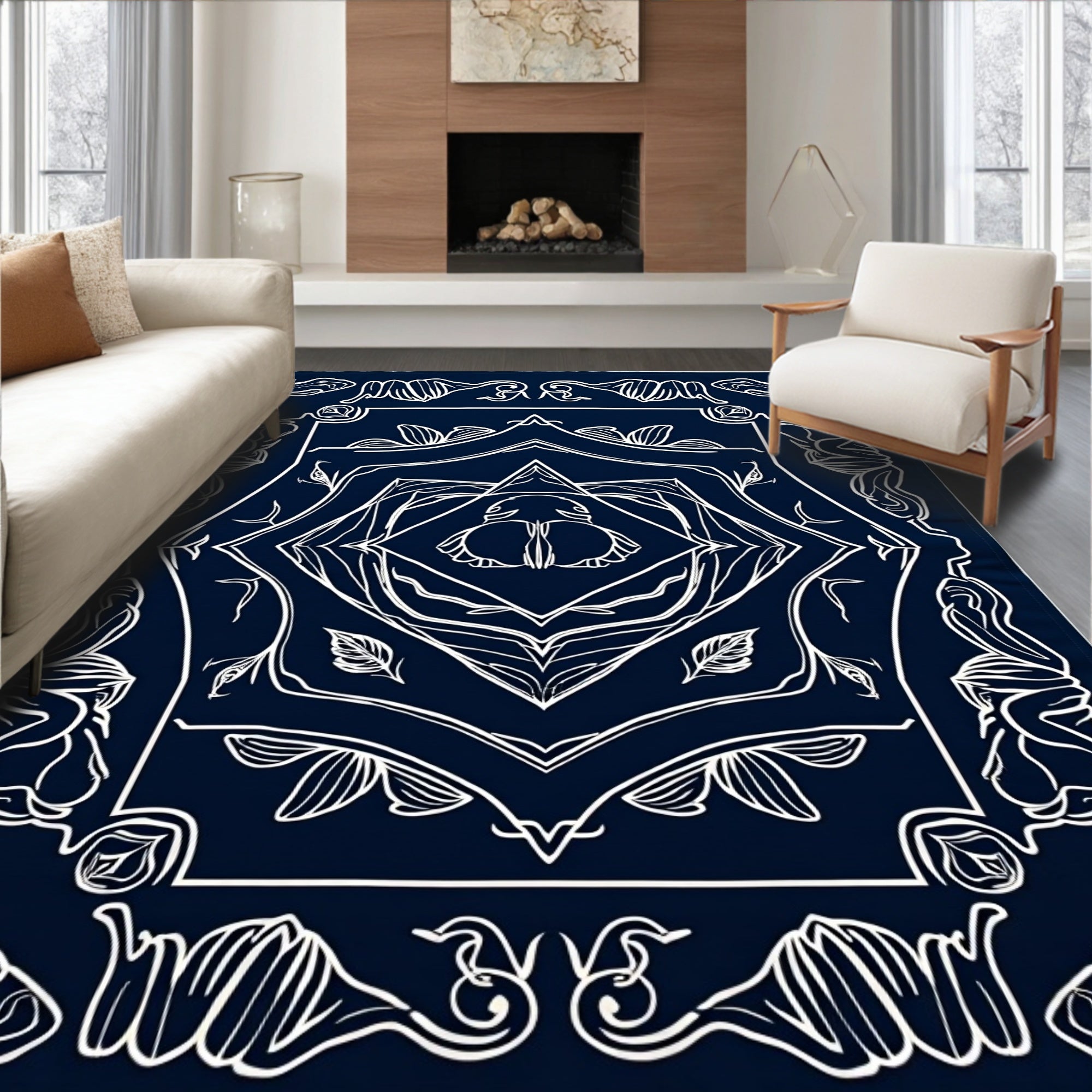 Navy White Organic Swirl Pattern Rug